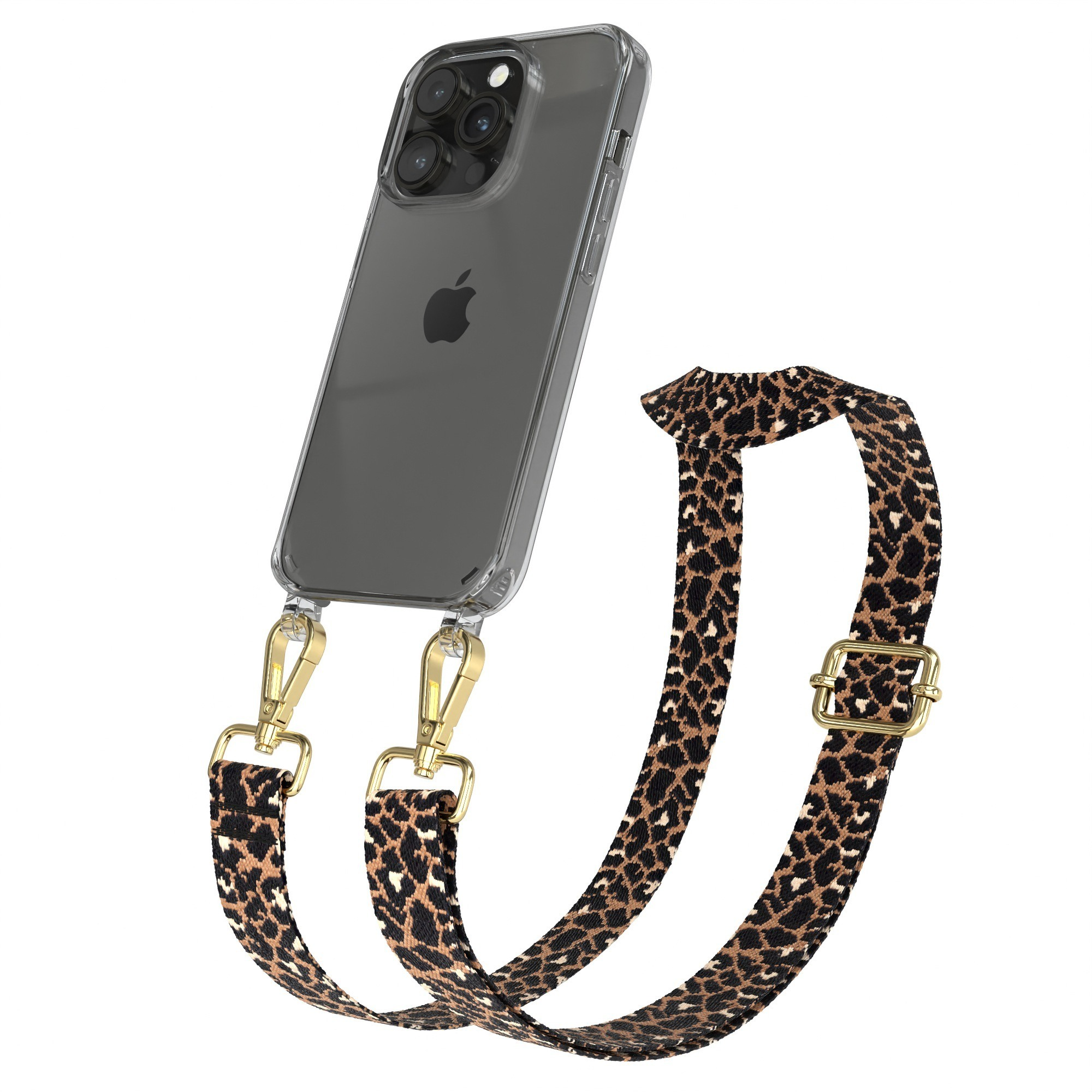Transparente Handyhülle mit Leopardenmuster-Gurt. Telefon mit drei Kameras.