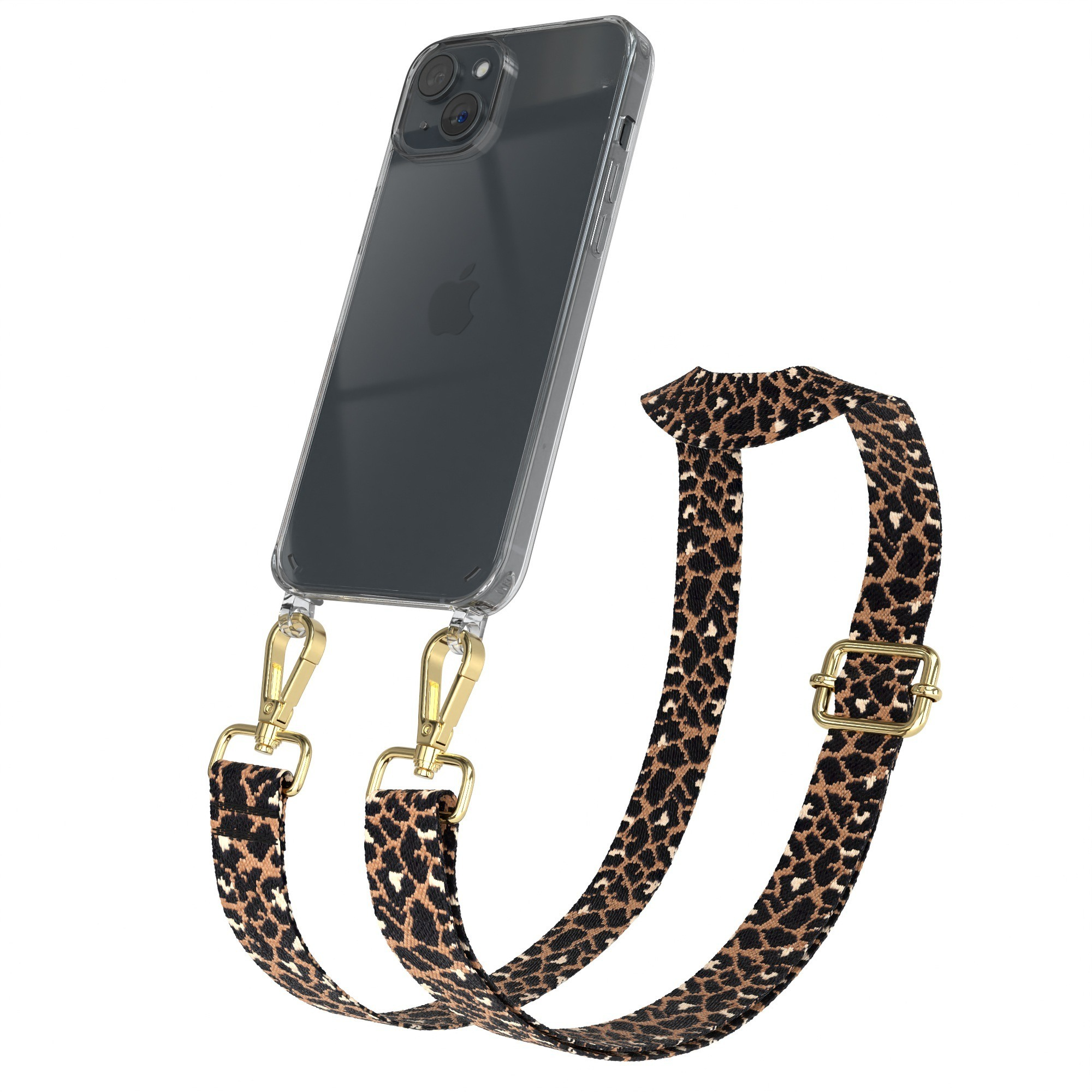 Ein Telefon mit Leopardenmuster-Gurt. Das Telefon befindet sich in einer transparenten Hülle.