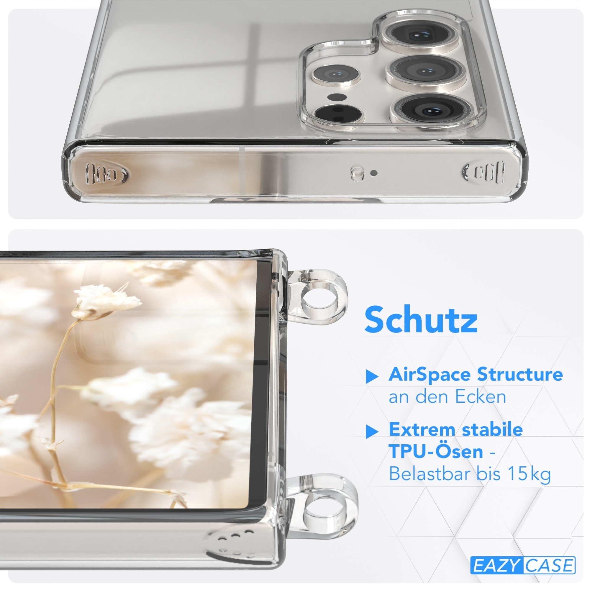 Transparente Handyhülle mit floralem Hintergrund, Nahaufnahme des Telefons.