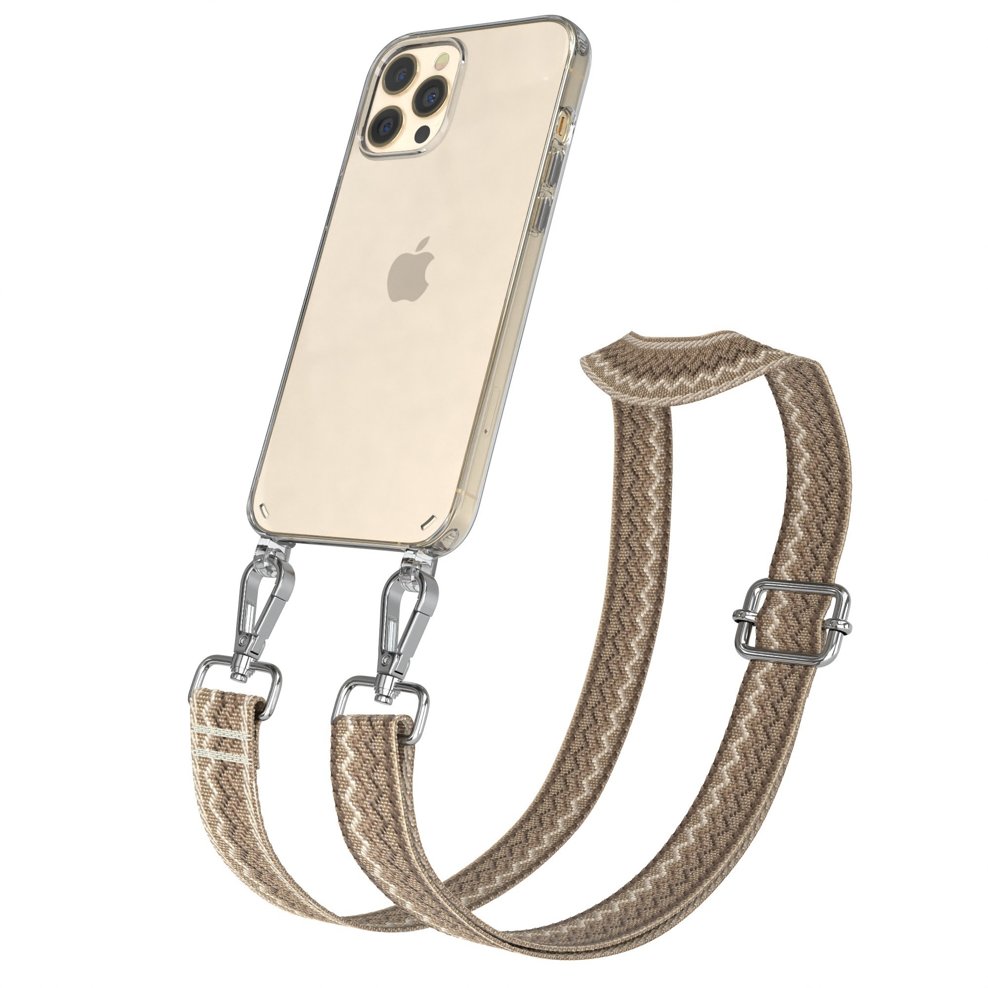 Goldenes iPhone mit transparentem Case, befestigt an einem braun-weißen Riemen.