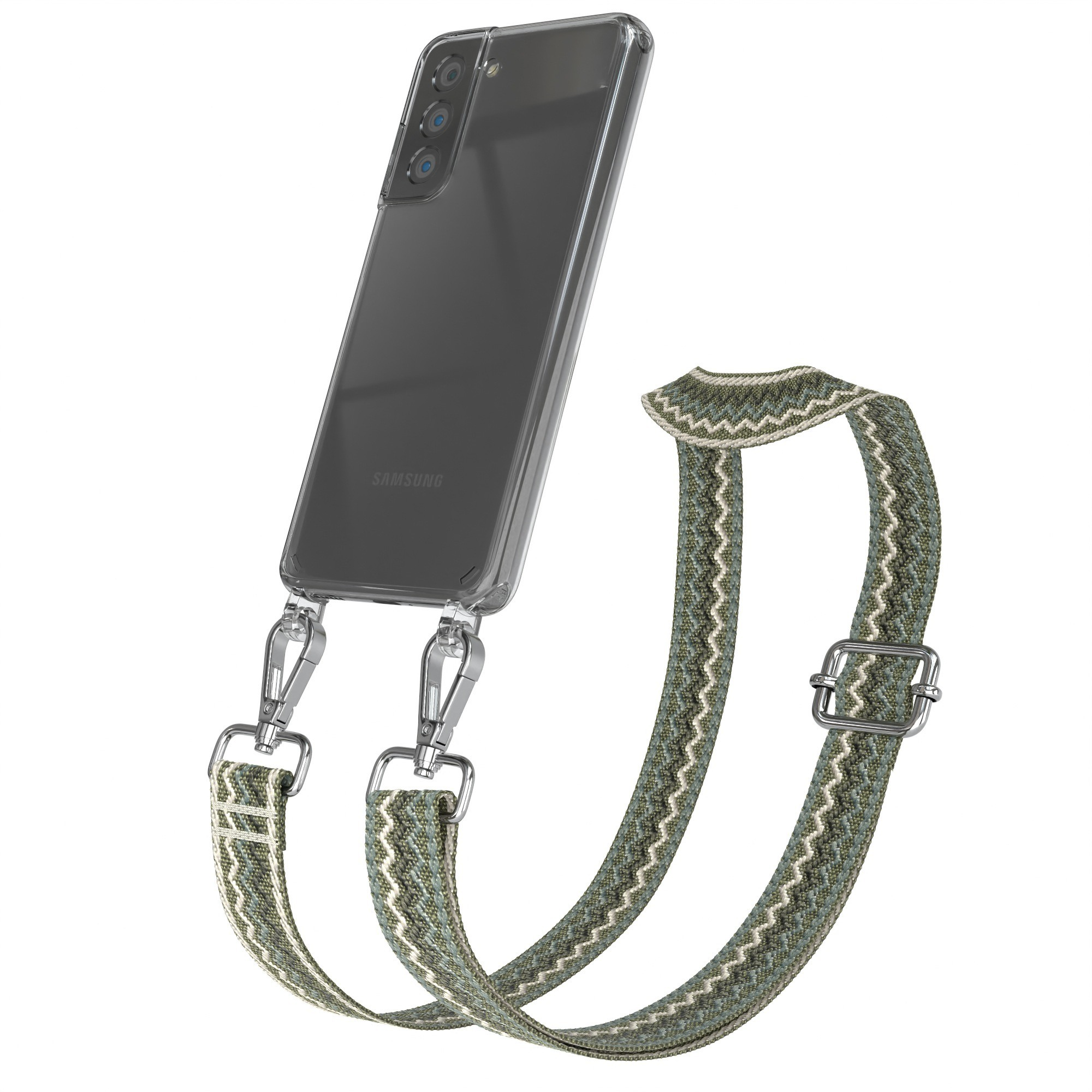 Telefon mit durchsichtiger Hülle und grünem Riemen. Riemen hat ein grün-weißes Zickzackmuster. Silberne Metallverschlüsse.