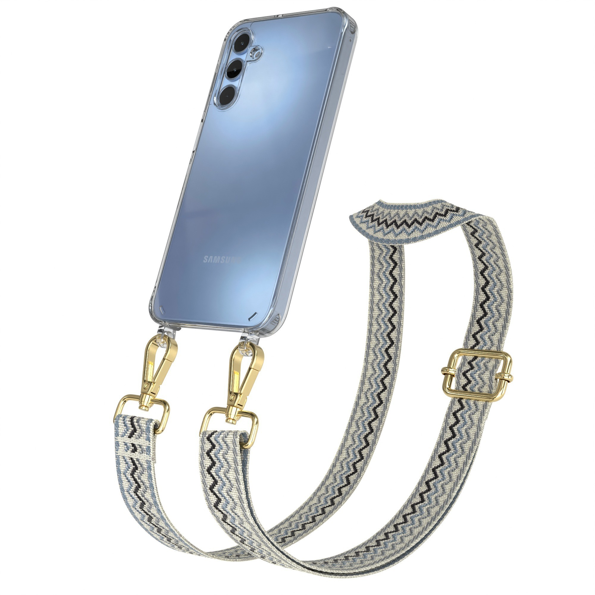 Transparente Handyhülle mit grau-blauem Musterband, goldfarbenen Haken und Schnalle.