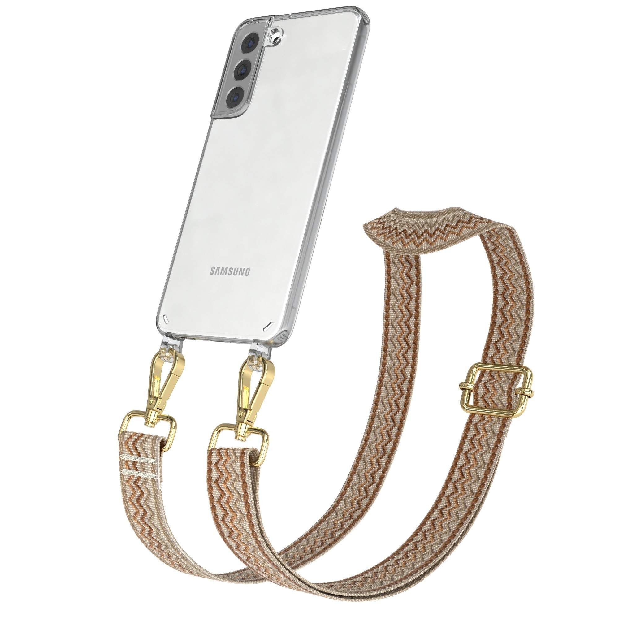 Telefon mit braun-weißem Gurt, goldfarbene Clips.