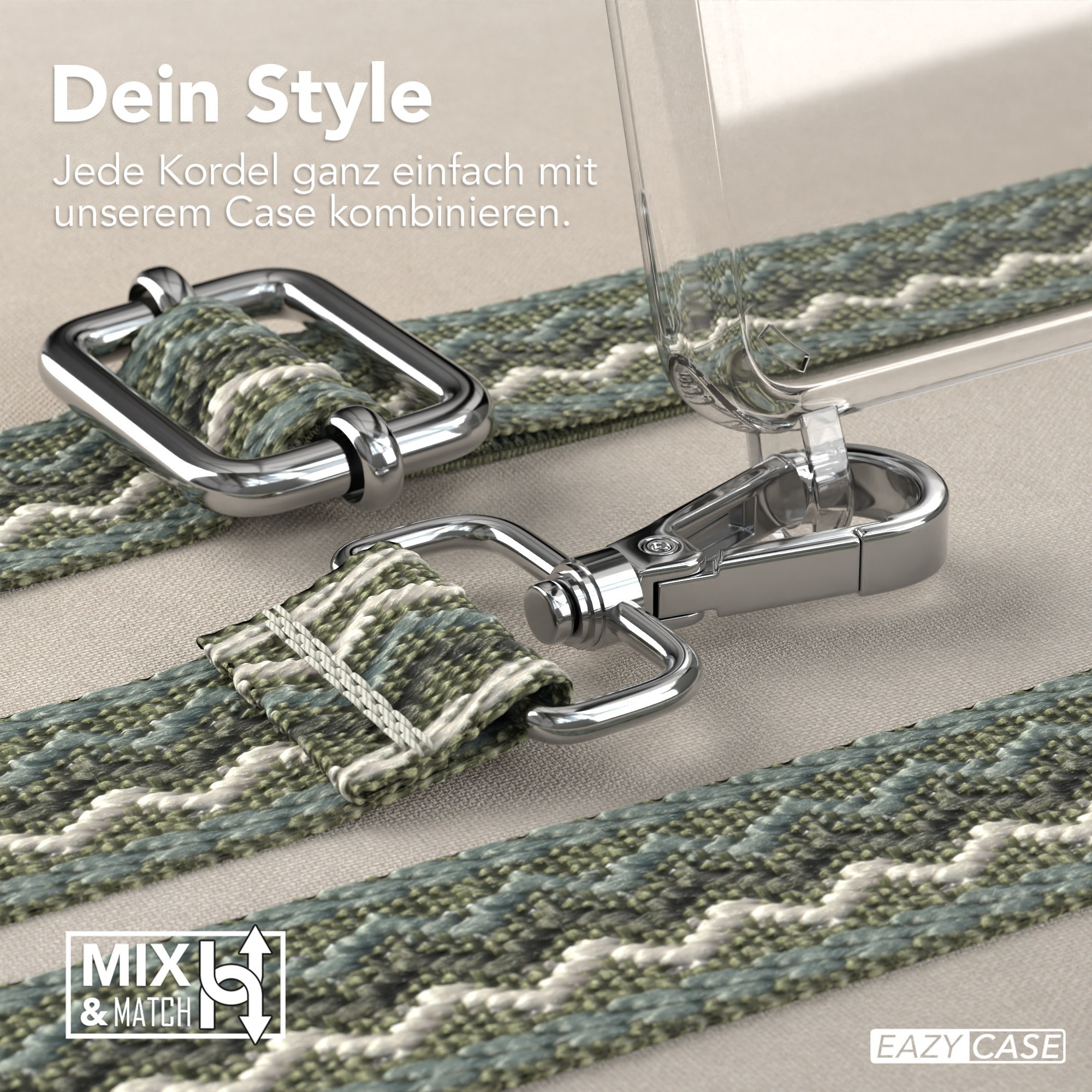 Nahaufnahme eines Telefon-Lanyards mit geflochtenem Riemen und silberner Hardware.