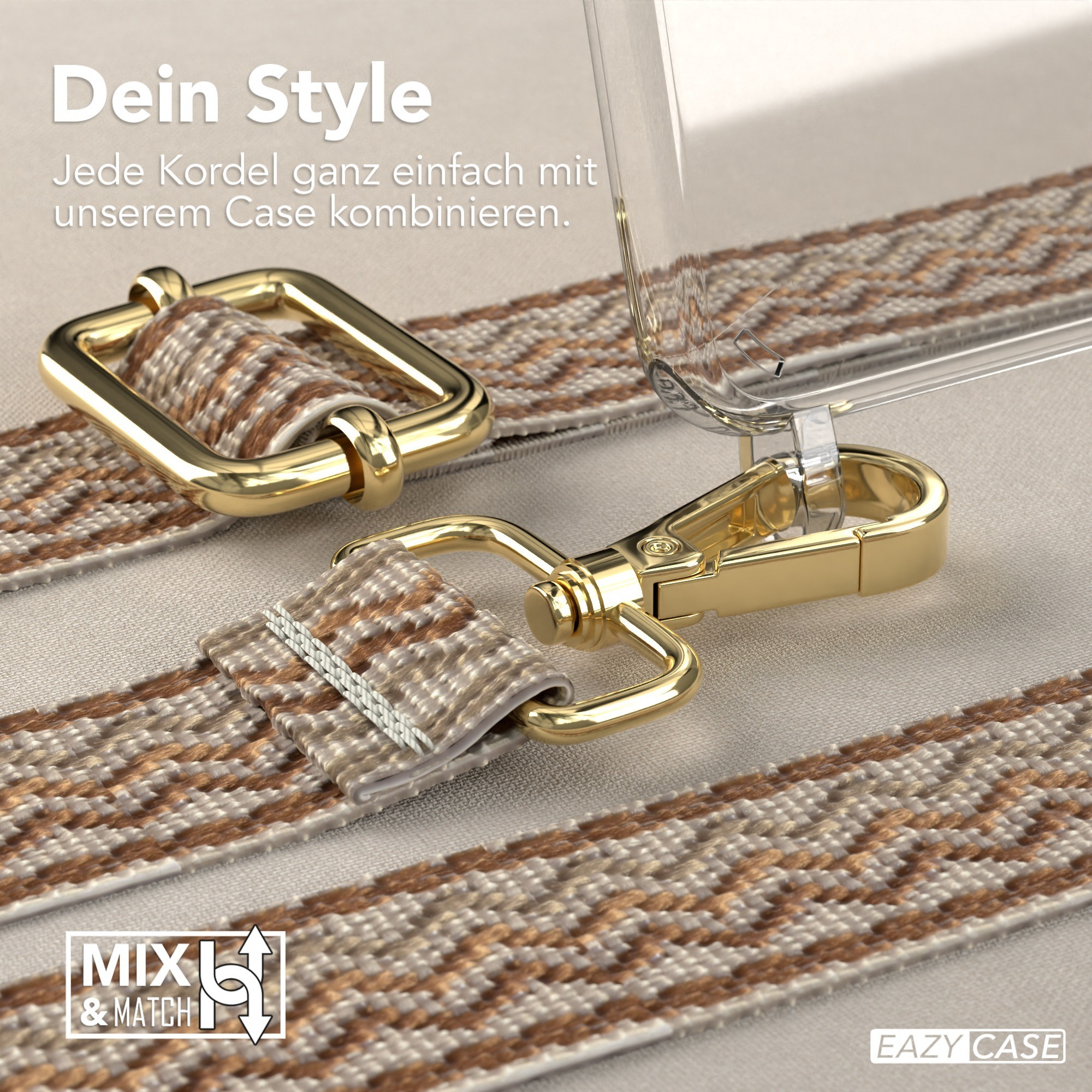 Nahaufnahme der Hardware eines Telefonriemens, mit einem goldenen Verschluss und einem beige-braunen gemusterten Riemen.