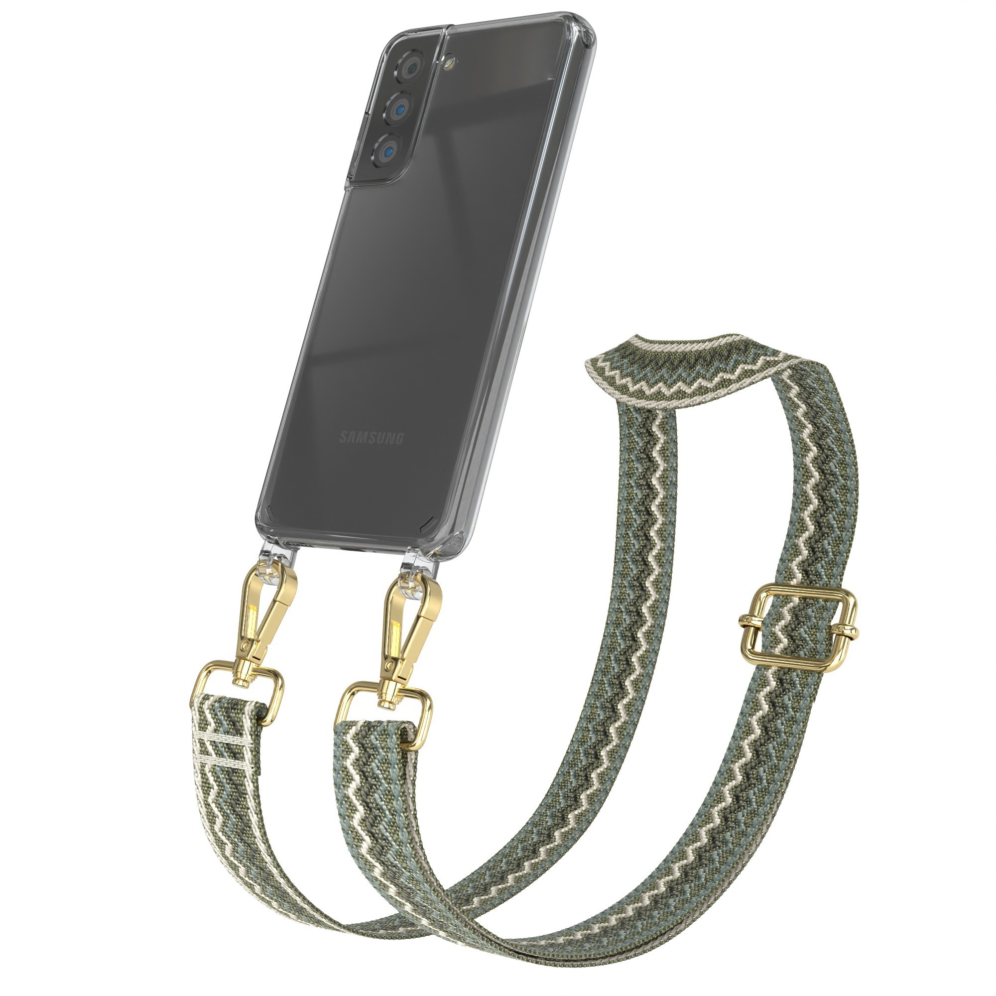 Eine transparente Handyhülle mit einem schwarzen Telefon und einem khaki-grünen und weißen gestreiften Riemen mit goldenem Verschluss.