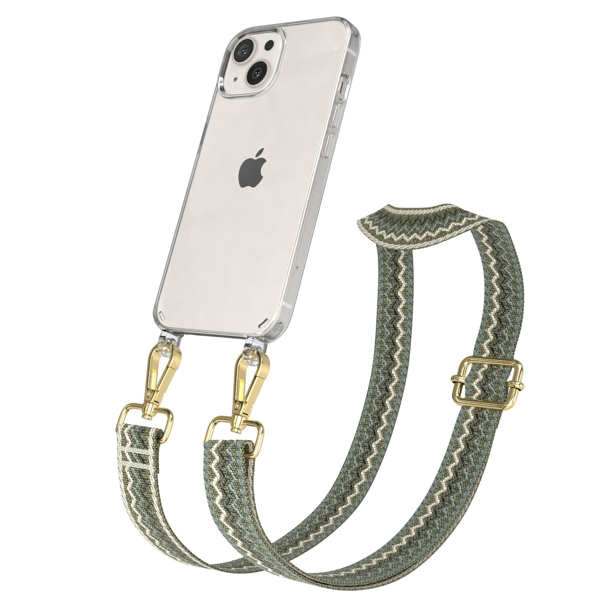 Transparente Handyhülle mit grün-weißem Träger. Das Telefon ist silber.