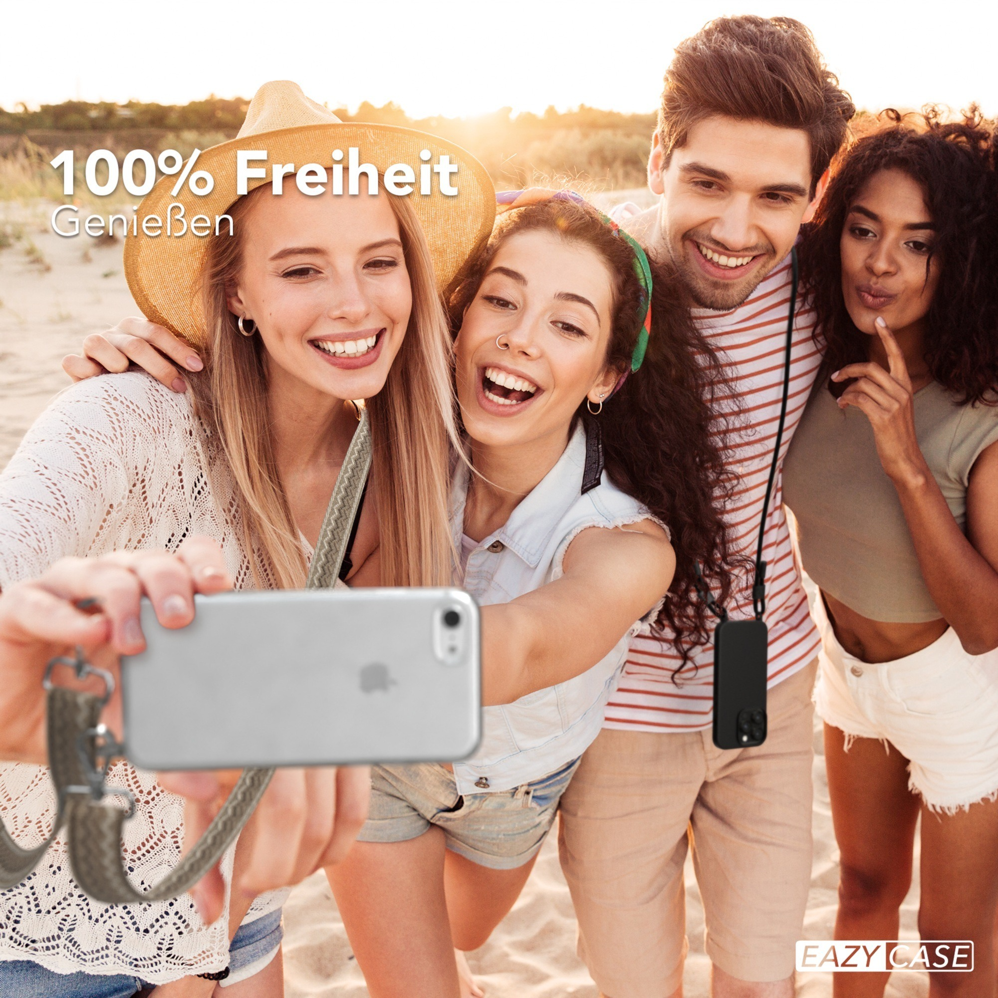Nahaufnahme eines Telefonriemens mit goldenem Verschluss und gemustertem Riemen. Auf beigem Untergrund.