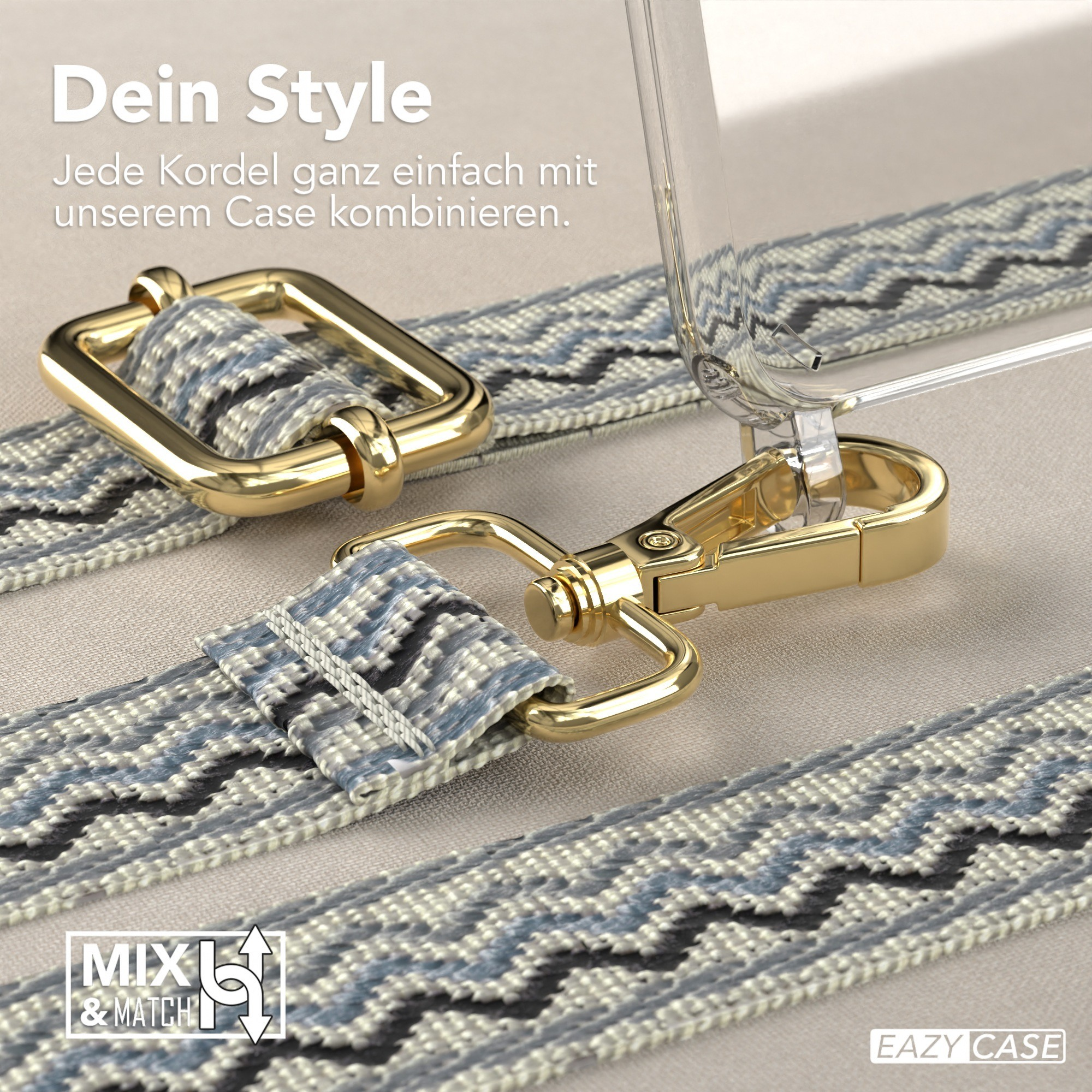 Nahaufnahme eines Telefonriemens mit goldenem Verschluss und blau gemustertem Riemen. Text: "Mix & Match" und "EAZY CASE".