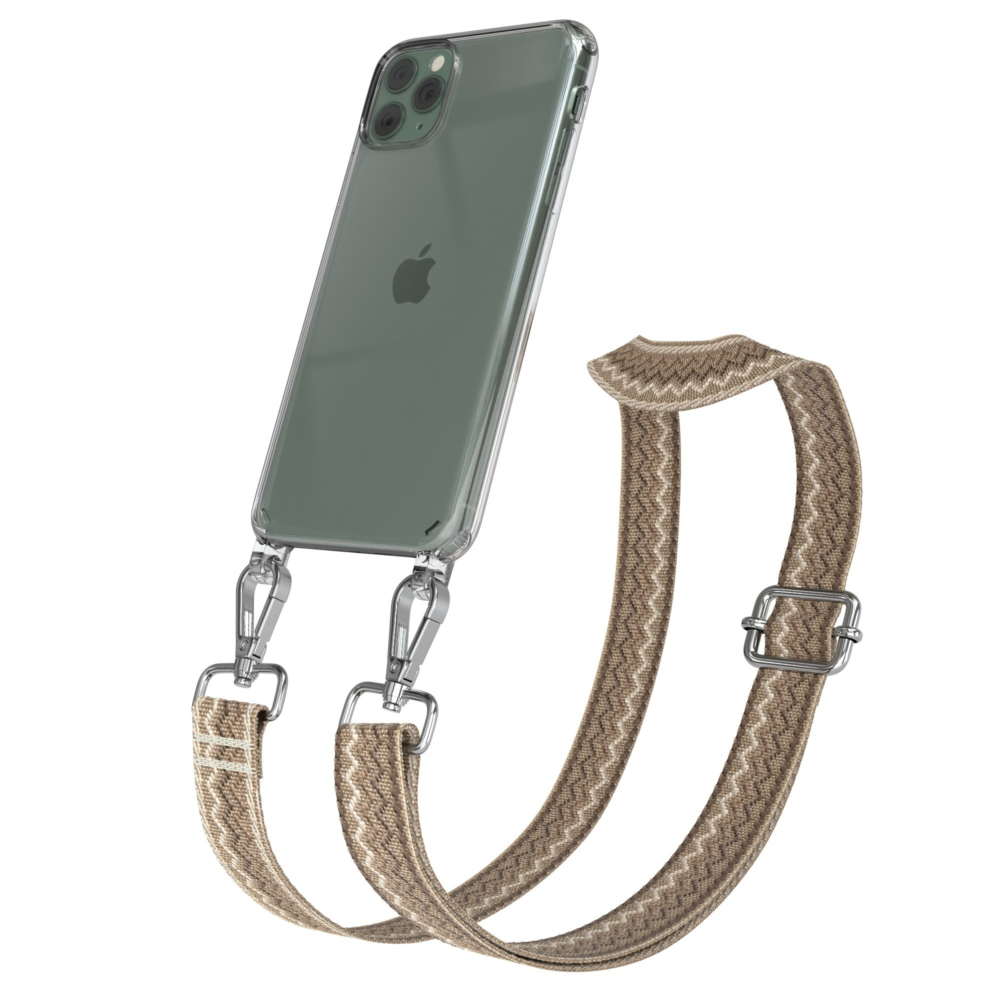 Transparente Handyhülle mit Telefon und beigefarbenem, gemustertem Trageriemen mit silberfarbenen Verschlüssen.