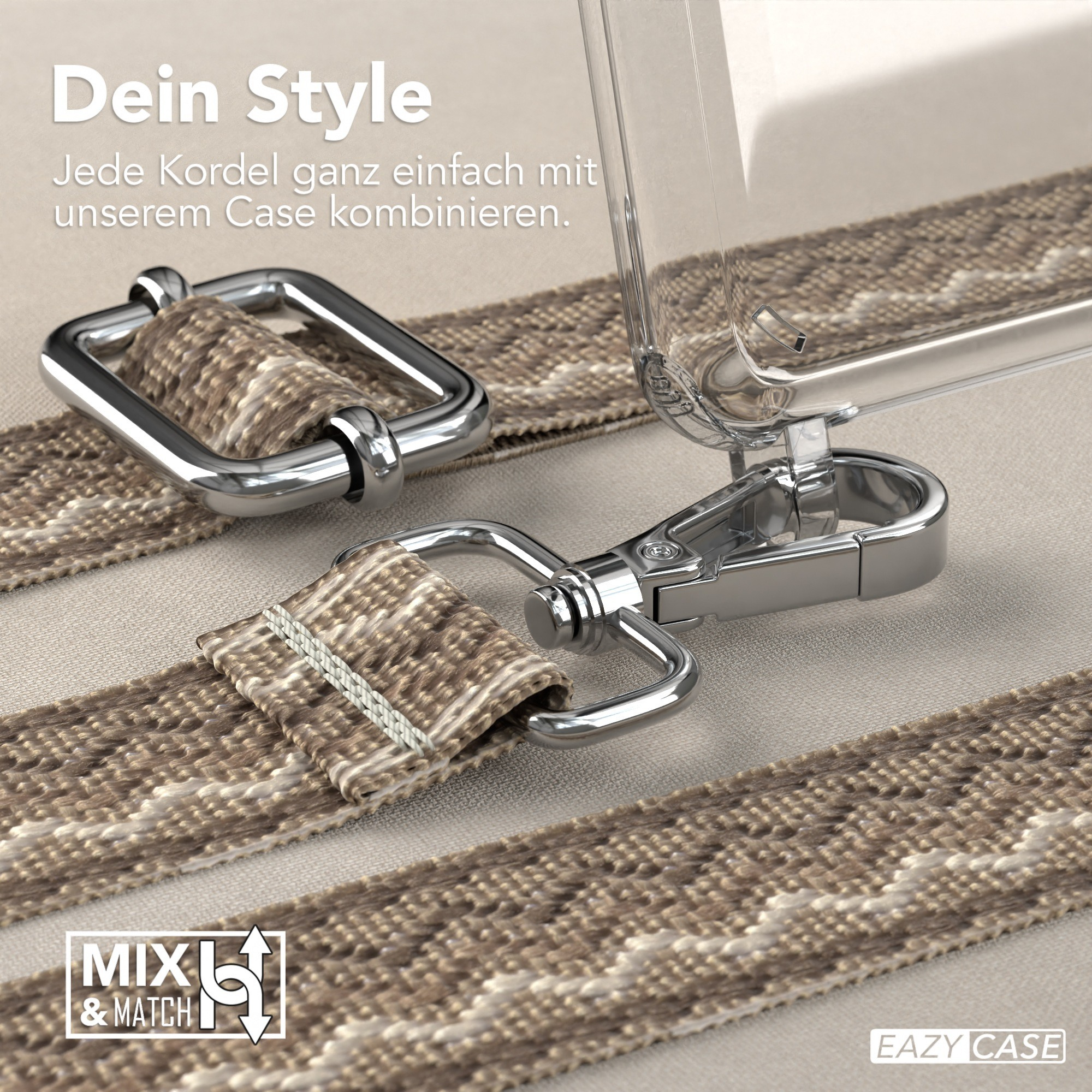Handyhülle mit Riemen und Metallhaken. Beige-braun gemusterter Riemen.