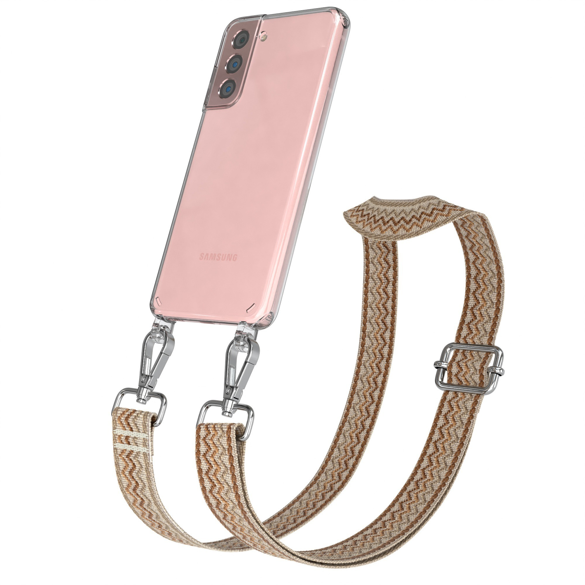 Transparente Handyhülle mit braun-beigem Musterband, silberfarbenen Haken und Schnalle.