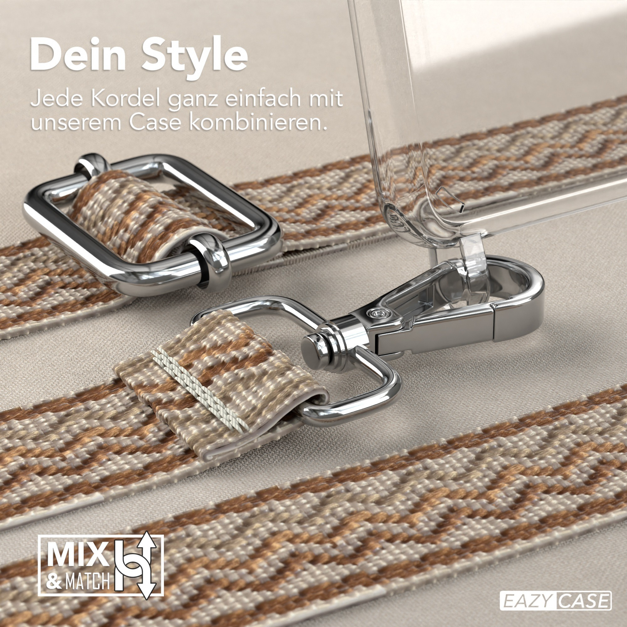 Nahaufnahme von Handybandteilen, Metallverschlüsse, gewebter Stoff.