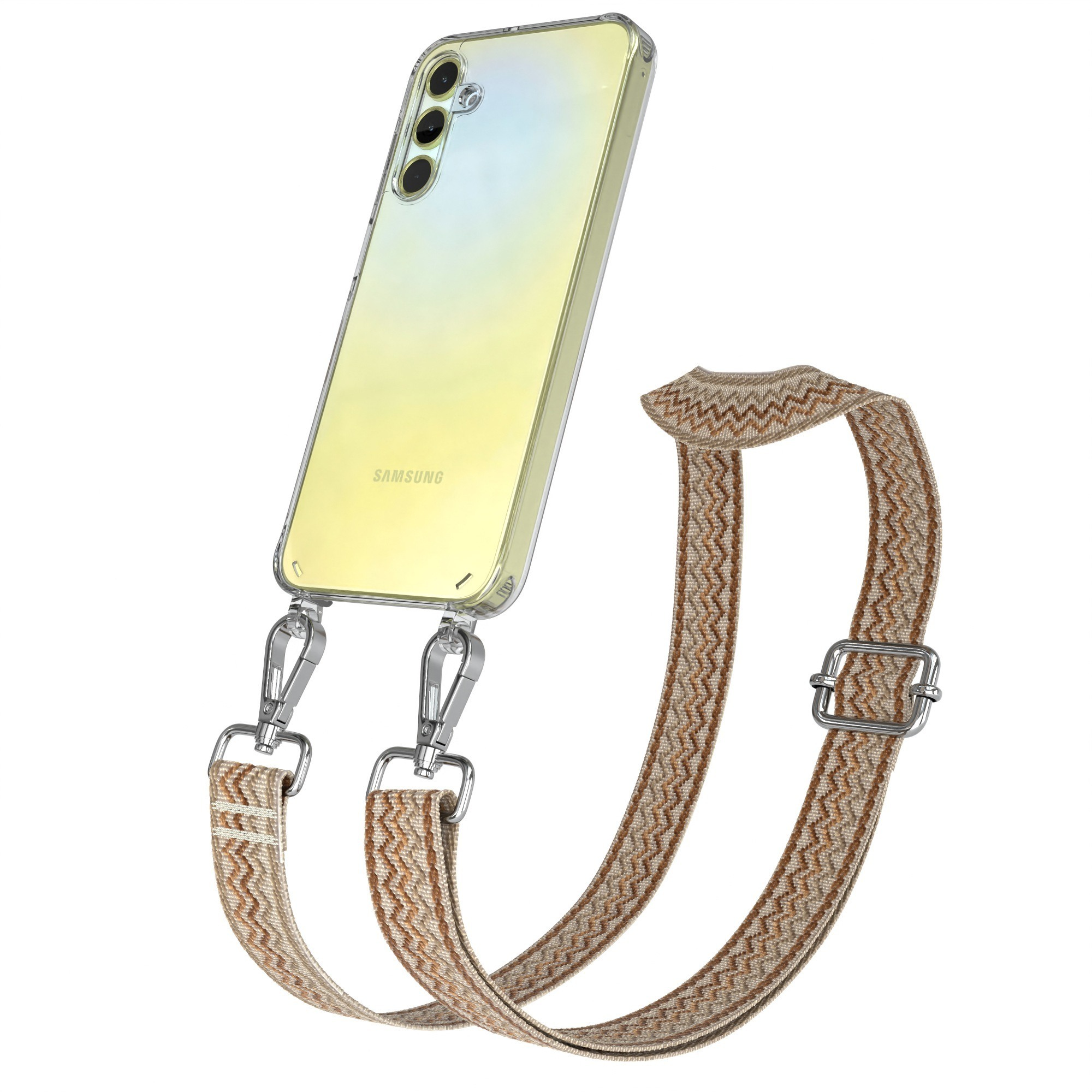 Telefon mit beigem und weißem Band, klarer Hülle, silbernen Verschlüssen.