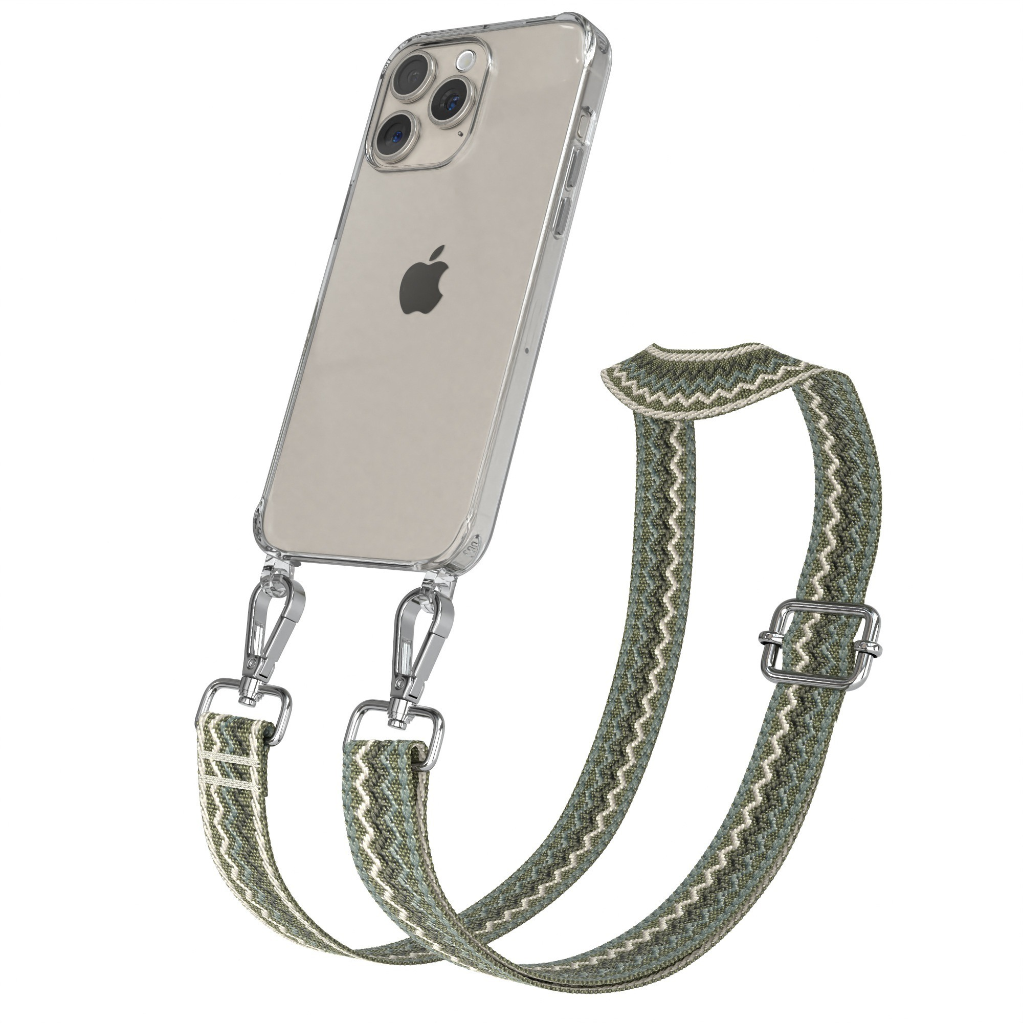 Klares Telefon mit Band. Band ist grün und weiß. Silberne Clips und Schnalle.