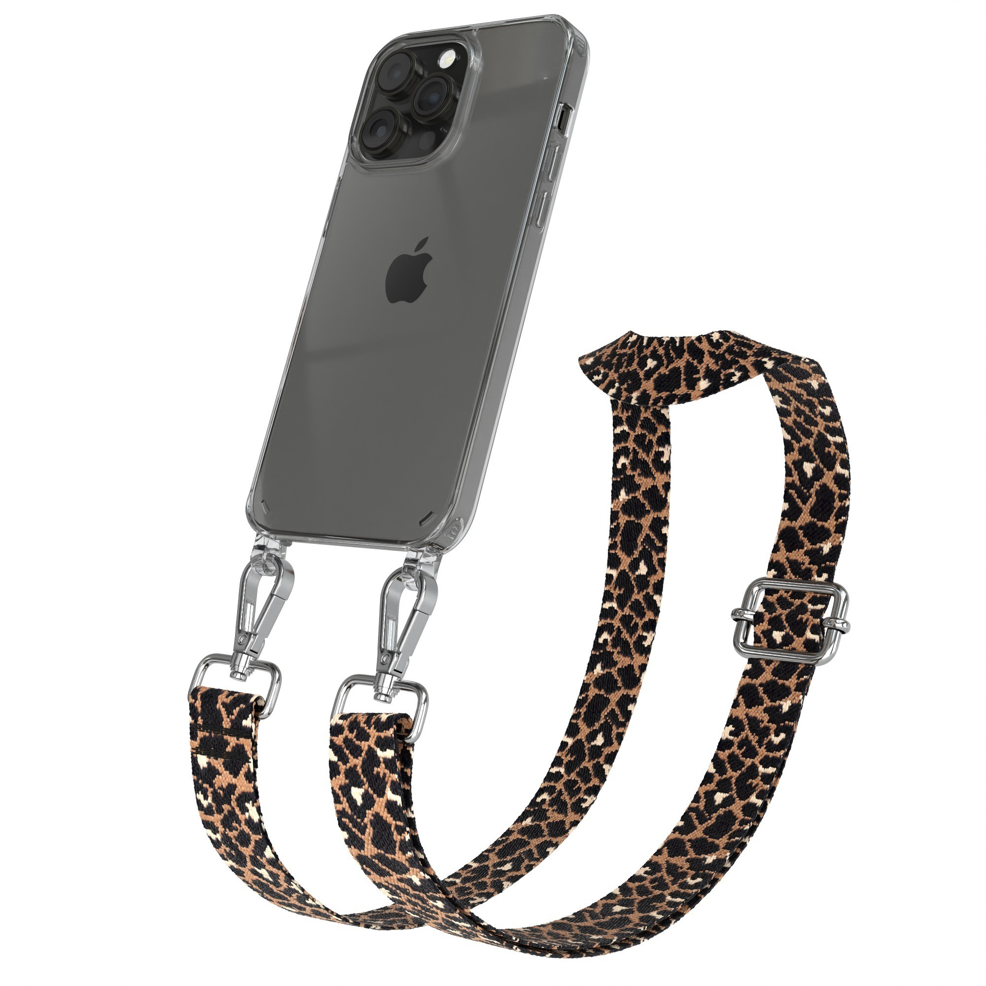 Transparente Handyhülle mit Band, hält Telefon mit Leopardenmuster.