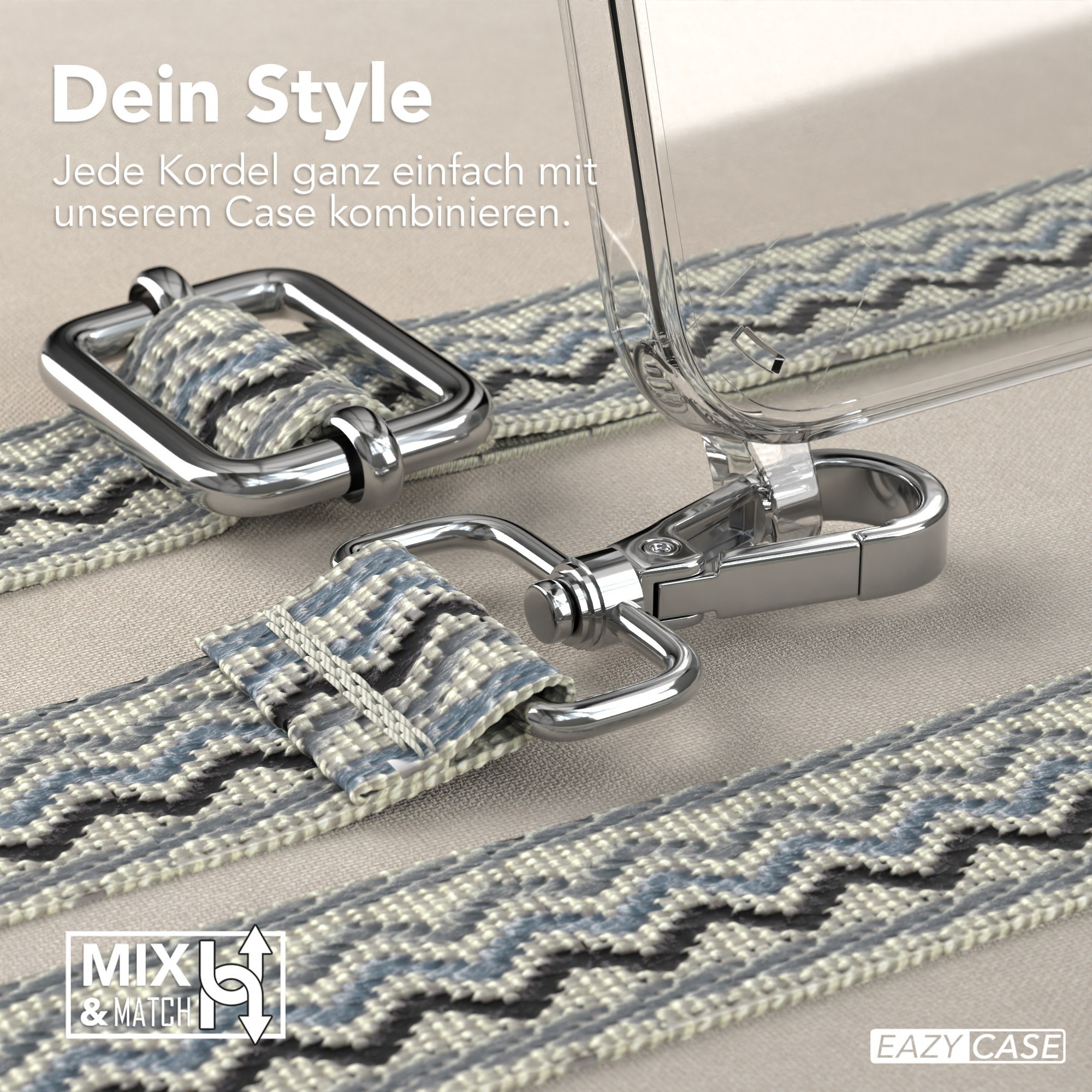 Handyhülle mit Trageband, silberne Hardware. Grau-blau-schwarz gemustertes Band. Weißer Hintergrund.