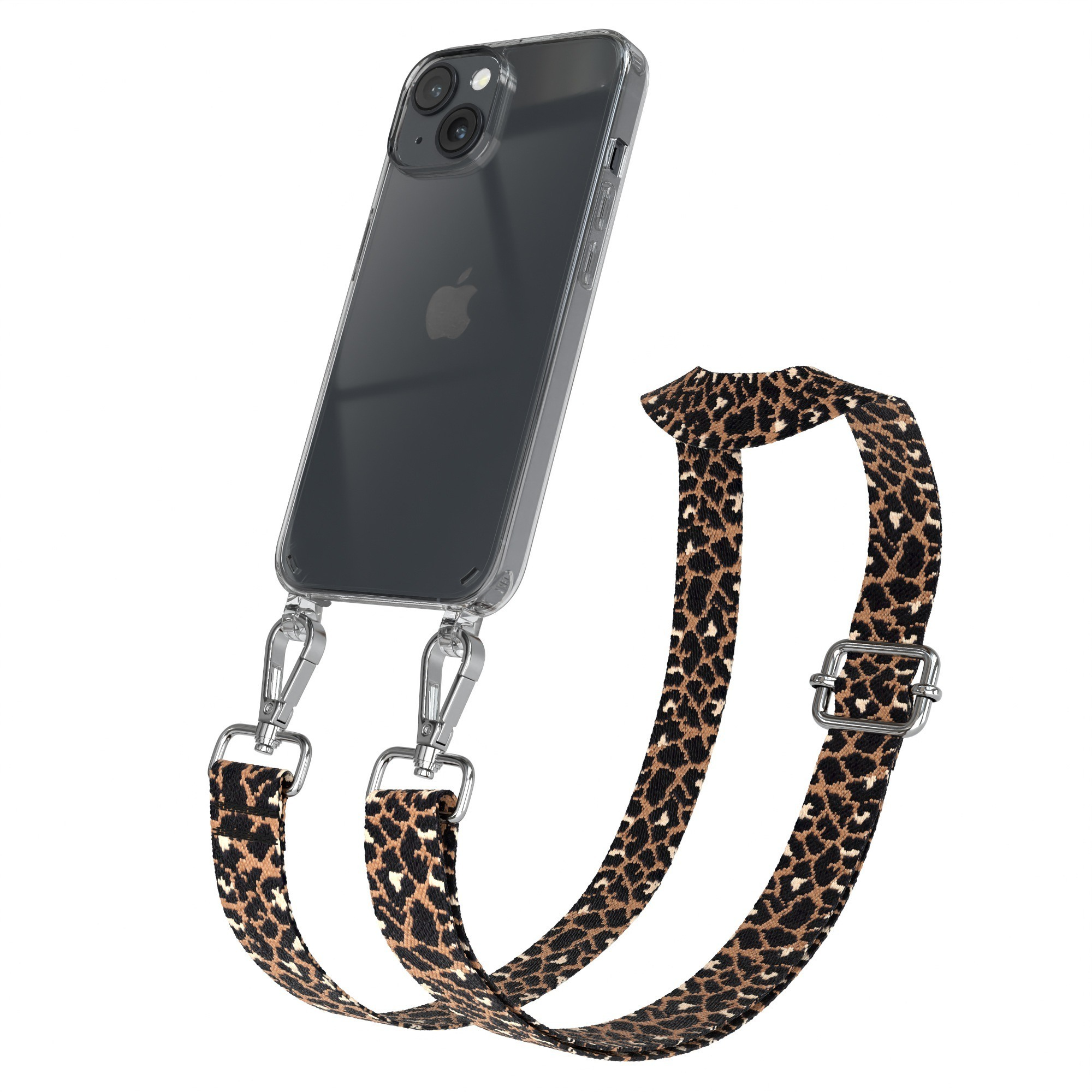 Transparente Handyhülle mit Leopardenmuster-Gurt. Silberne Verschlüsse.
