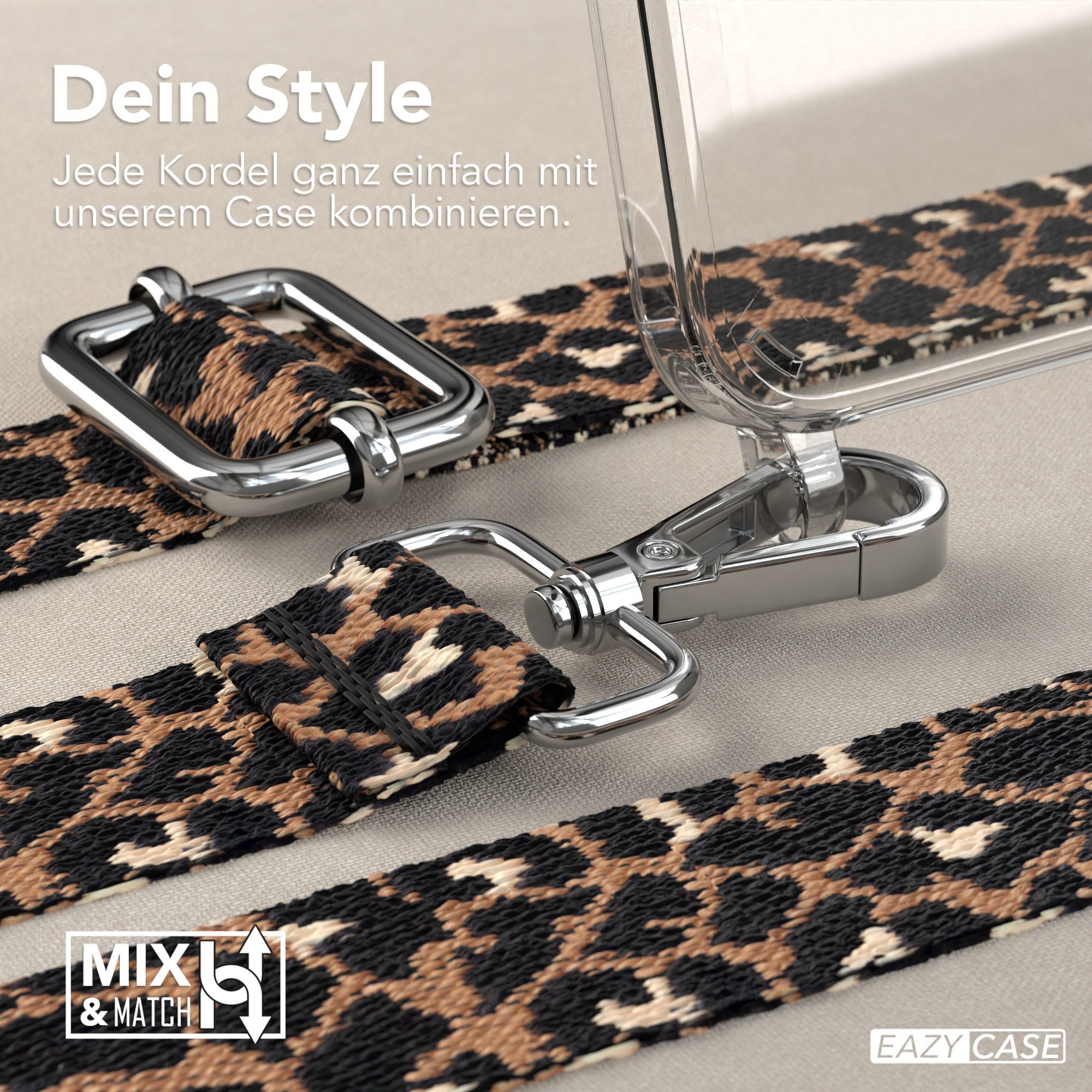 Nahaufnahme einer Handyhülle mit Leopardenmusterband. Silberne Hardware. 'Mix & Match'-Logo.