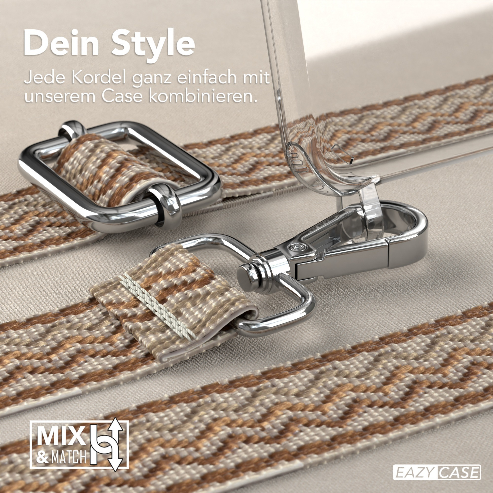 Handyhülle mit gemustertem Riemen, silberne Hardware. Text: Dein Style, Eazy Case.