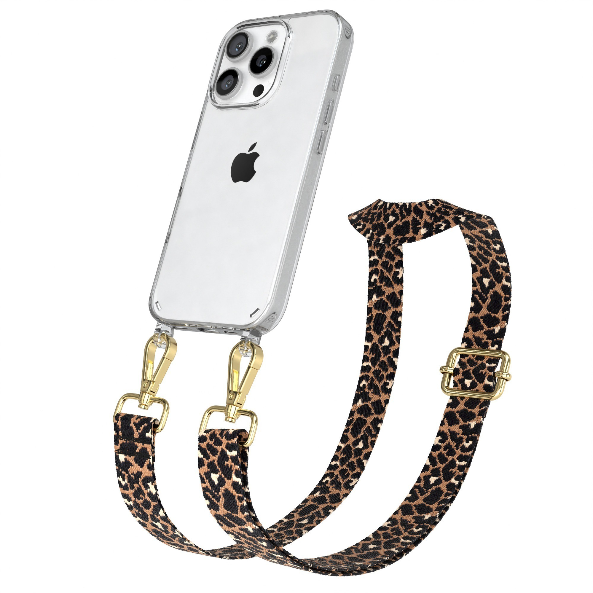 Transparente Handyhülle mit Leopardenmuster-Riemen. Goldene Haken und Schnalle.