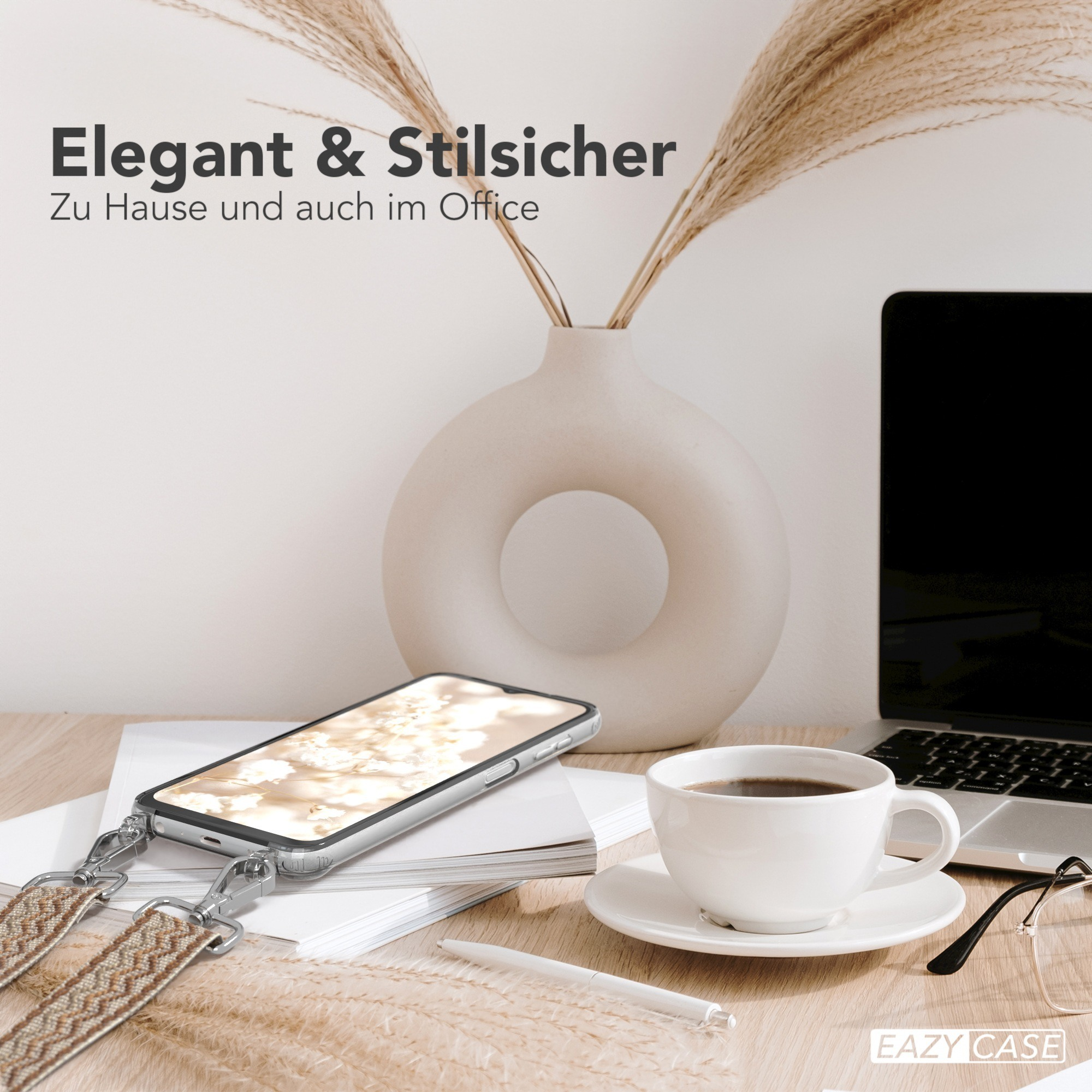 Ein Telefon mit Hülle auf einem Schreibtisch mit anderen Gegenständen. Text: Elegant & Stilvoll.