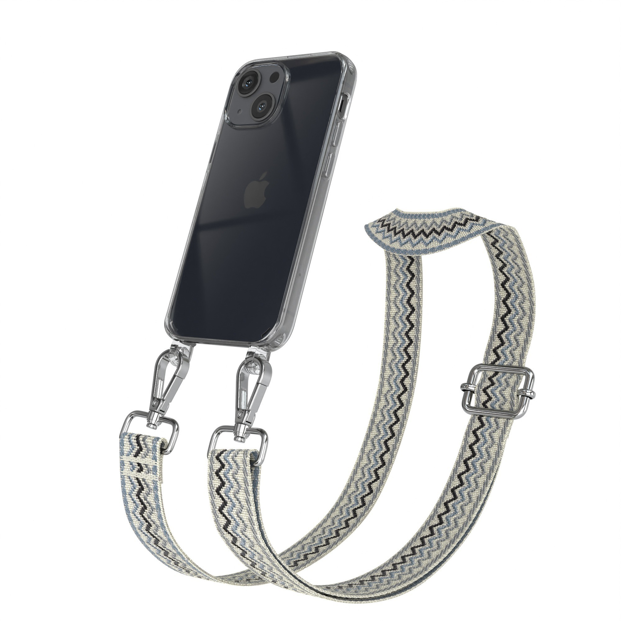 Transparente Handyhülle mit blau-beige Band, Metallverschlüssen und Schnalle. Isoliert auf weißem Hintergrund.