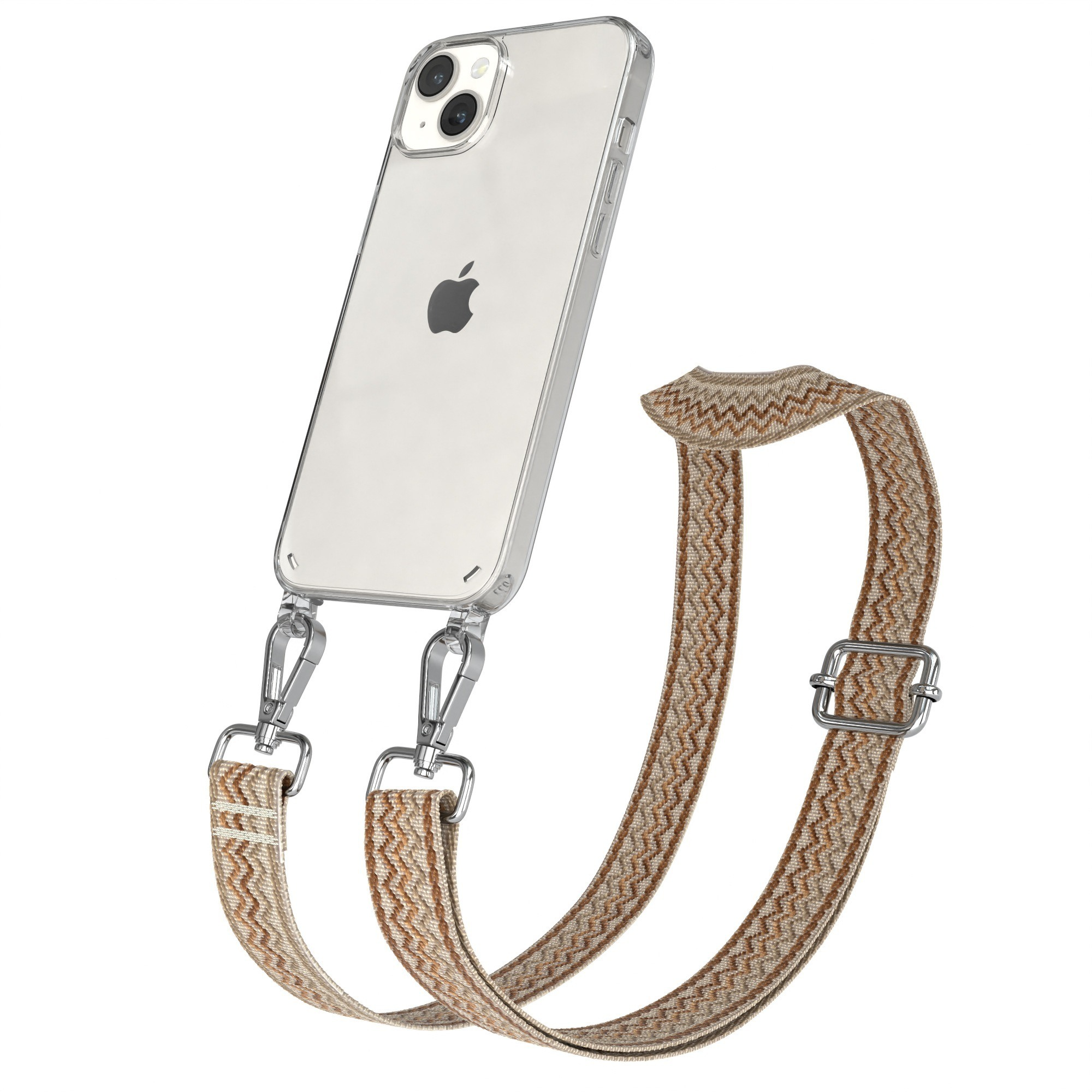 Eine transparente Handyhülle mit einem silbernen Telefon und einem braunen und beigen Gurt.