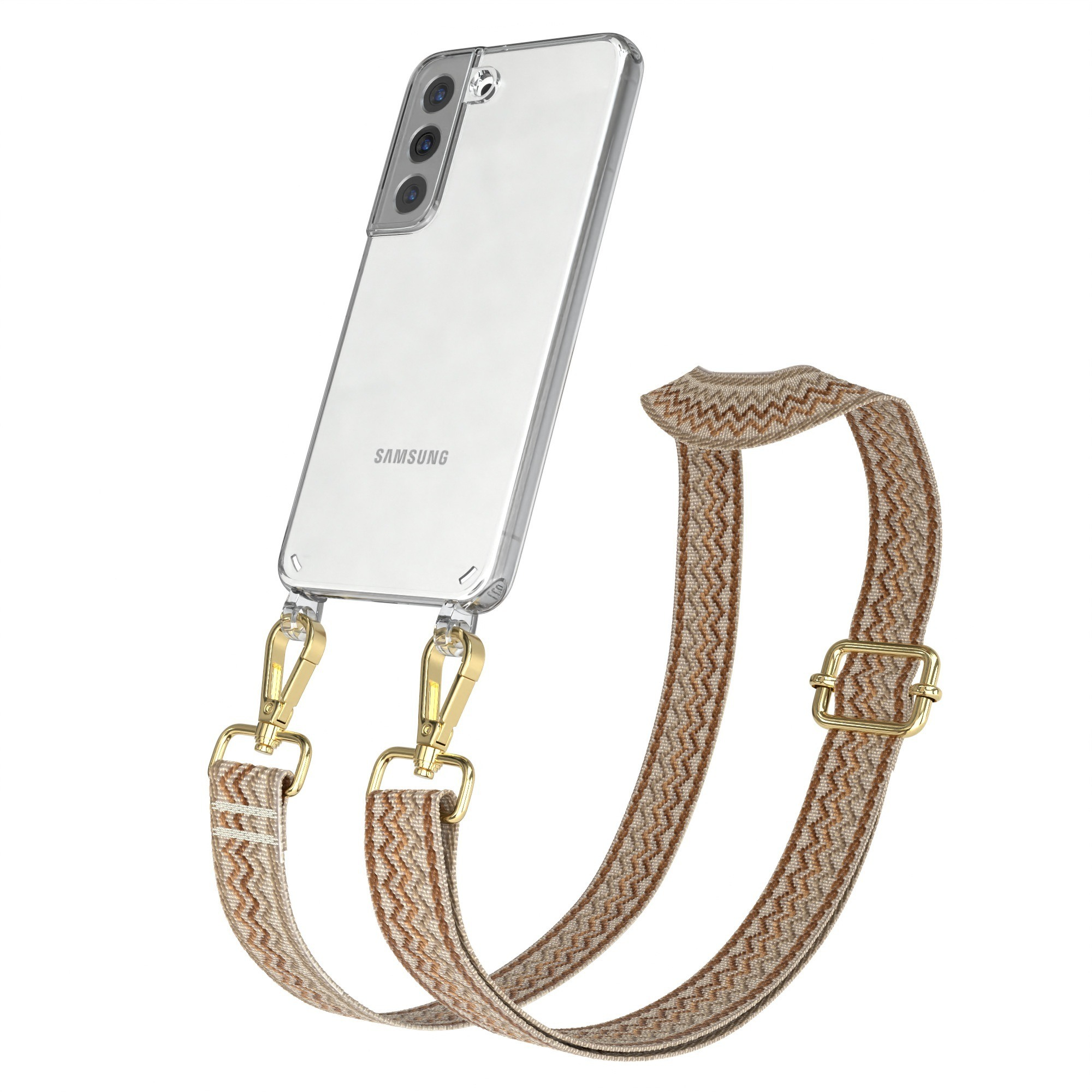 Transparente Handyhülle mit Samsung-Telefon und gemustertem Gurt. Goldene Verschlüsse und Schnalle sichtbar.