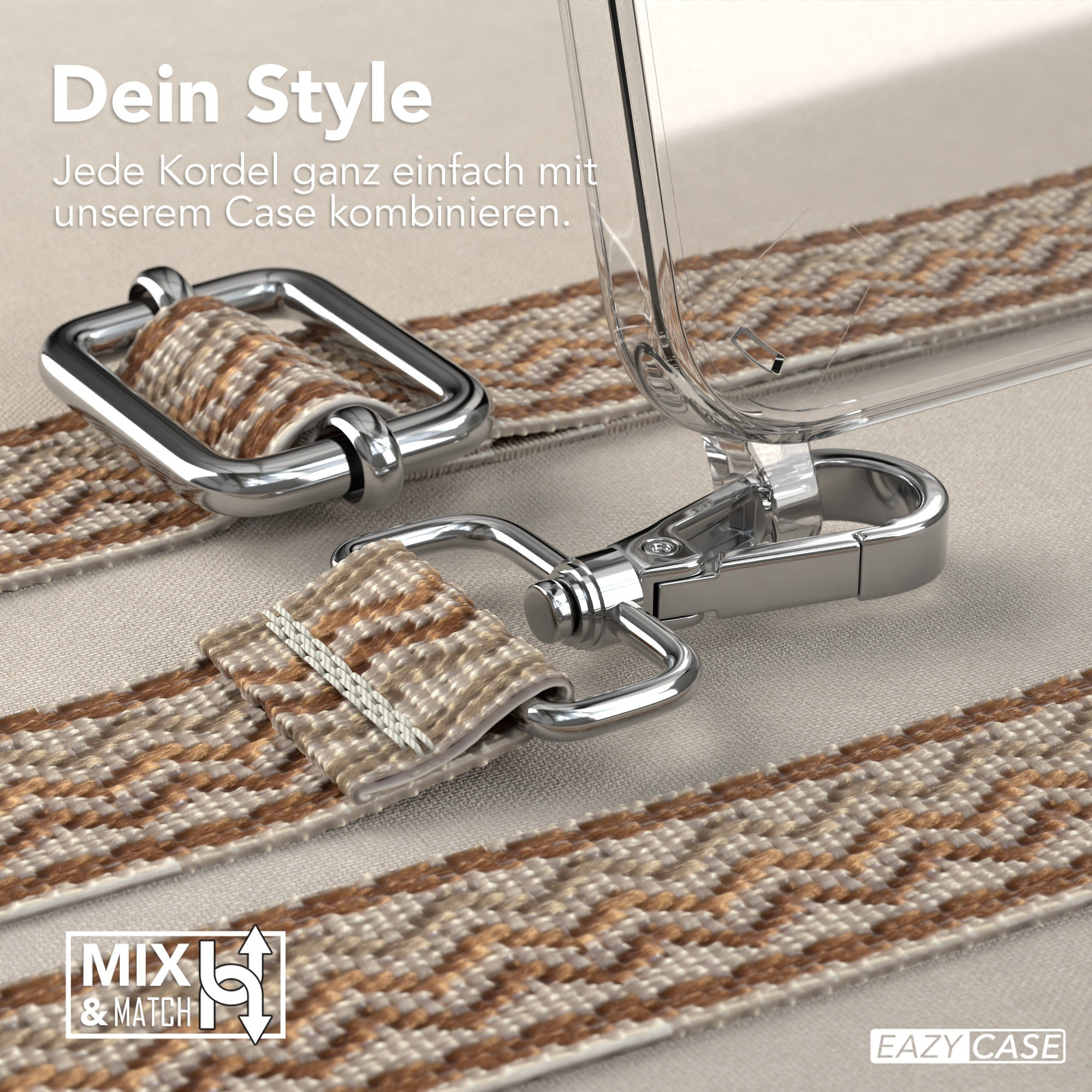 Nahaufnahme von Handyhüllenriemen und einem Telefon. Text: 'Dein Style'.