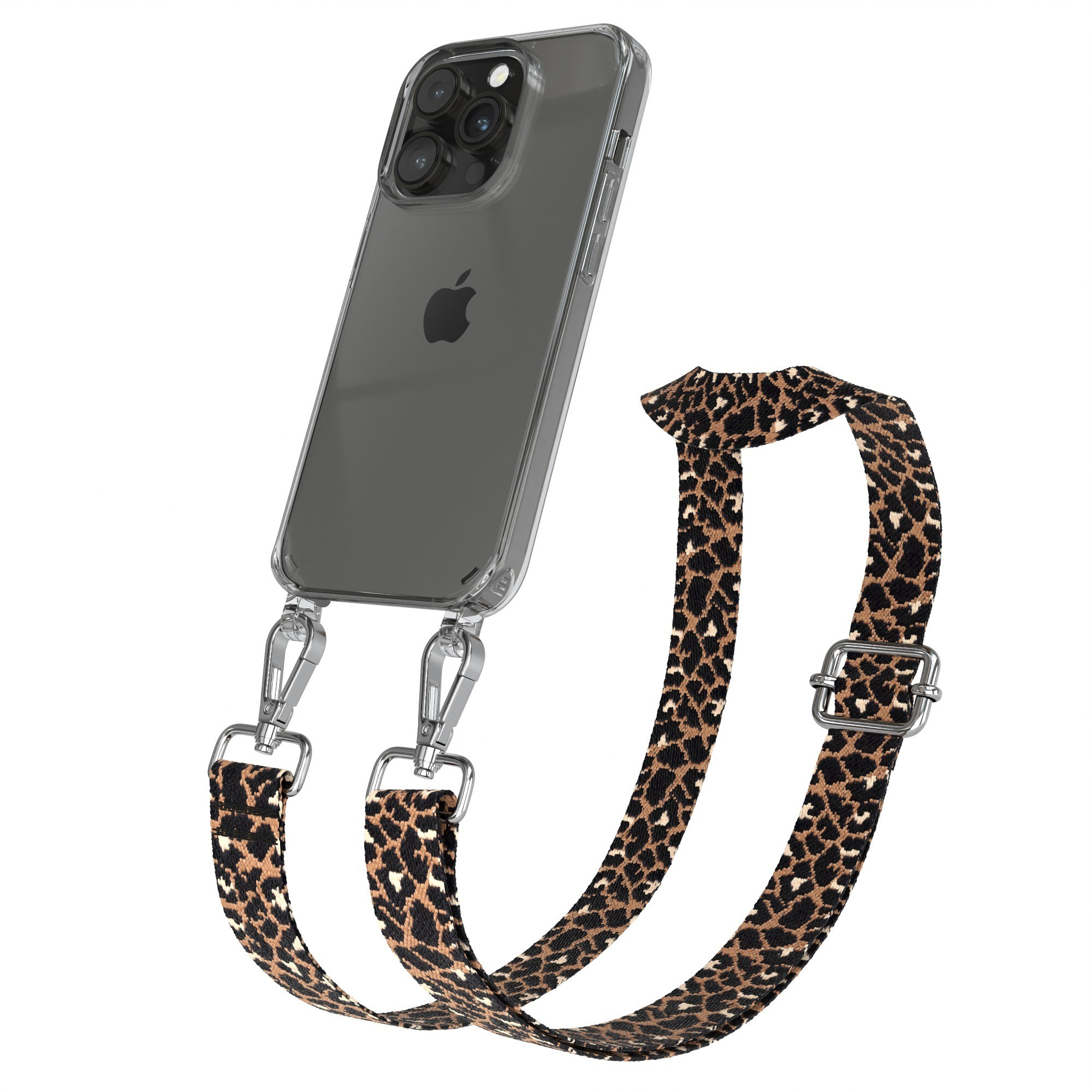 Telefon in klarer Hülle mit Leopardenmuster-Trageriemen.