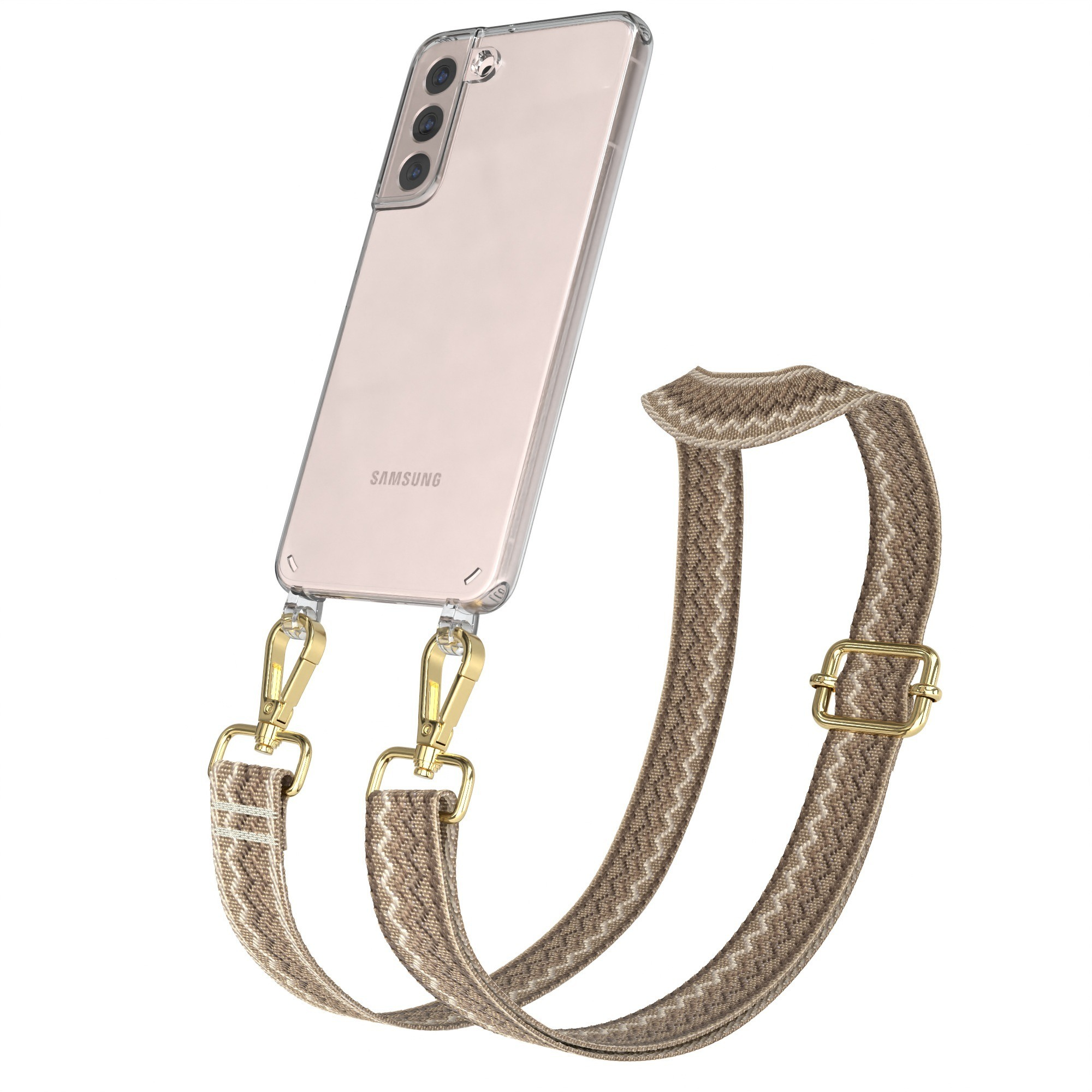 Transparente Handyhülle mit braun-beigem Riemen. Telefon ist angewinkelt, weißer Hintergrund.