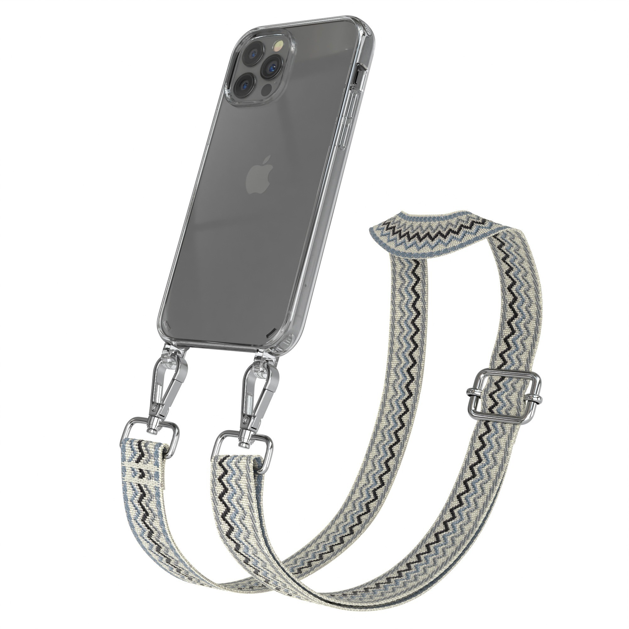 Ein klares Handy mit Band. Band hat ein Zickzackmuster in Blau und Grau, mit silberner Hardware.