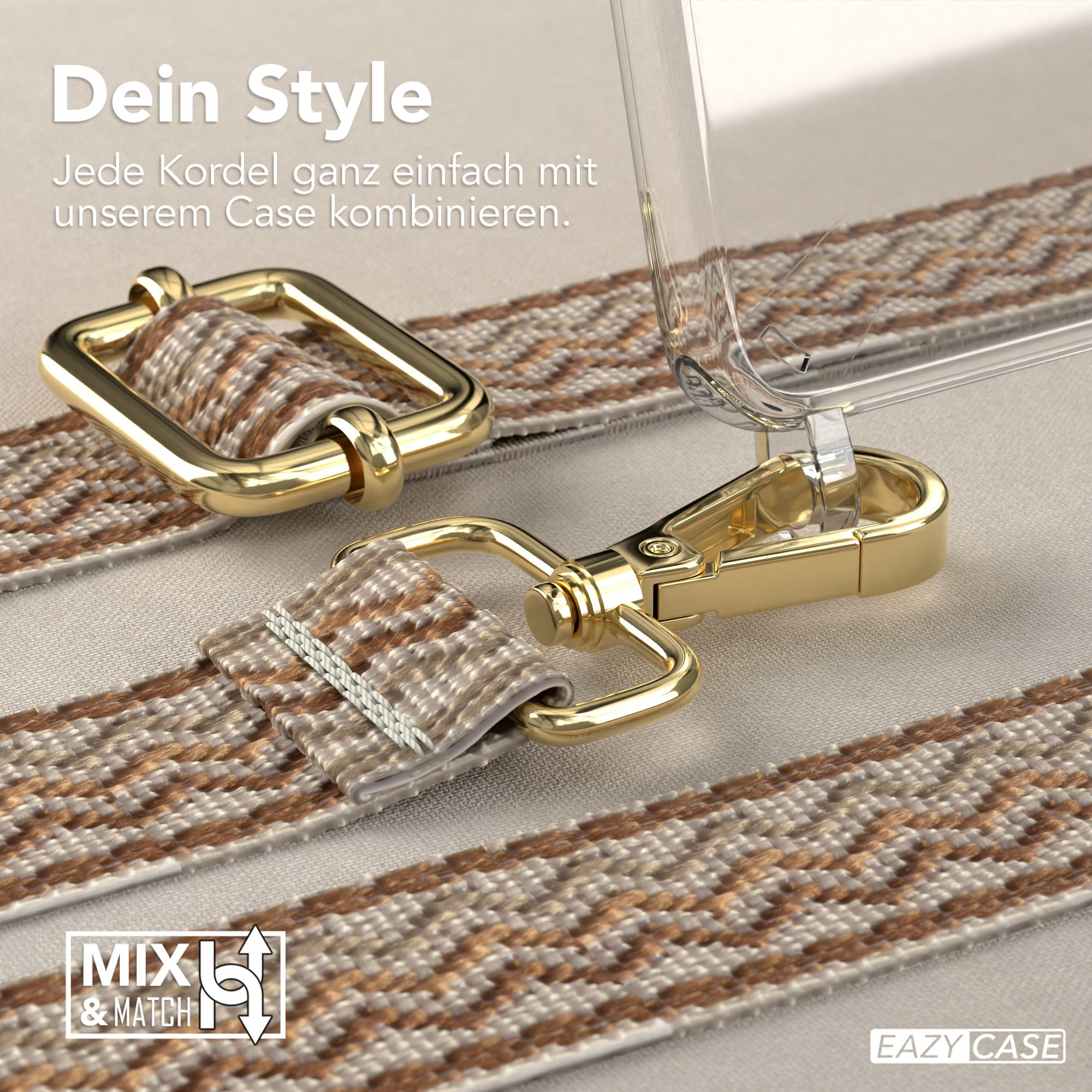 Nahaufnahme eines Telefonhüllenriemens mit goldener Schnalle und Verschlüssen. Beige-brauner Riemen.