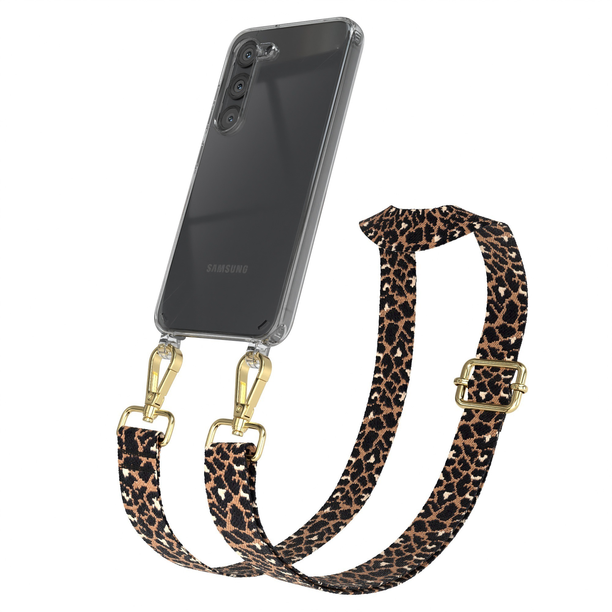 Klare Handyhülle mit Leopardenmuster-Gurt. Telefon schwarz, hat 3 Kameras.