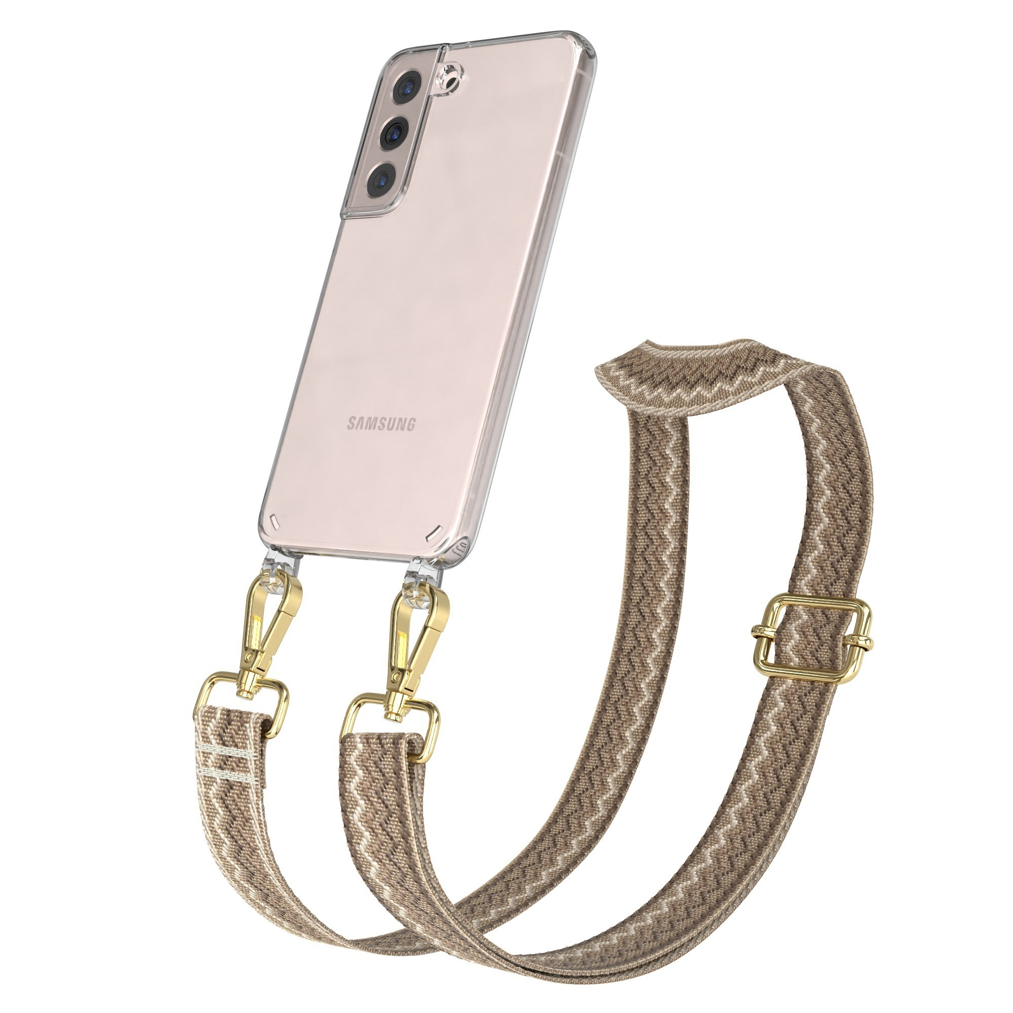 Transparente Handyhülle mit braun-beigem Musterband, goldfarbenen Haken und Schnalle.