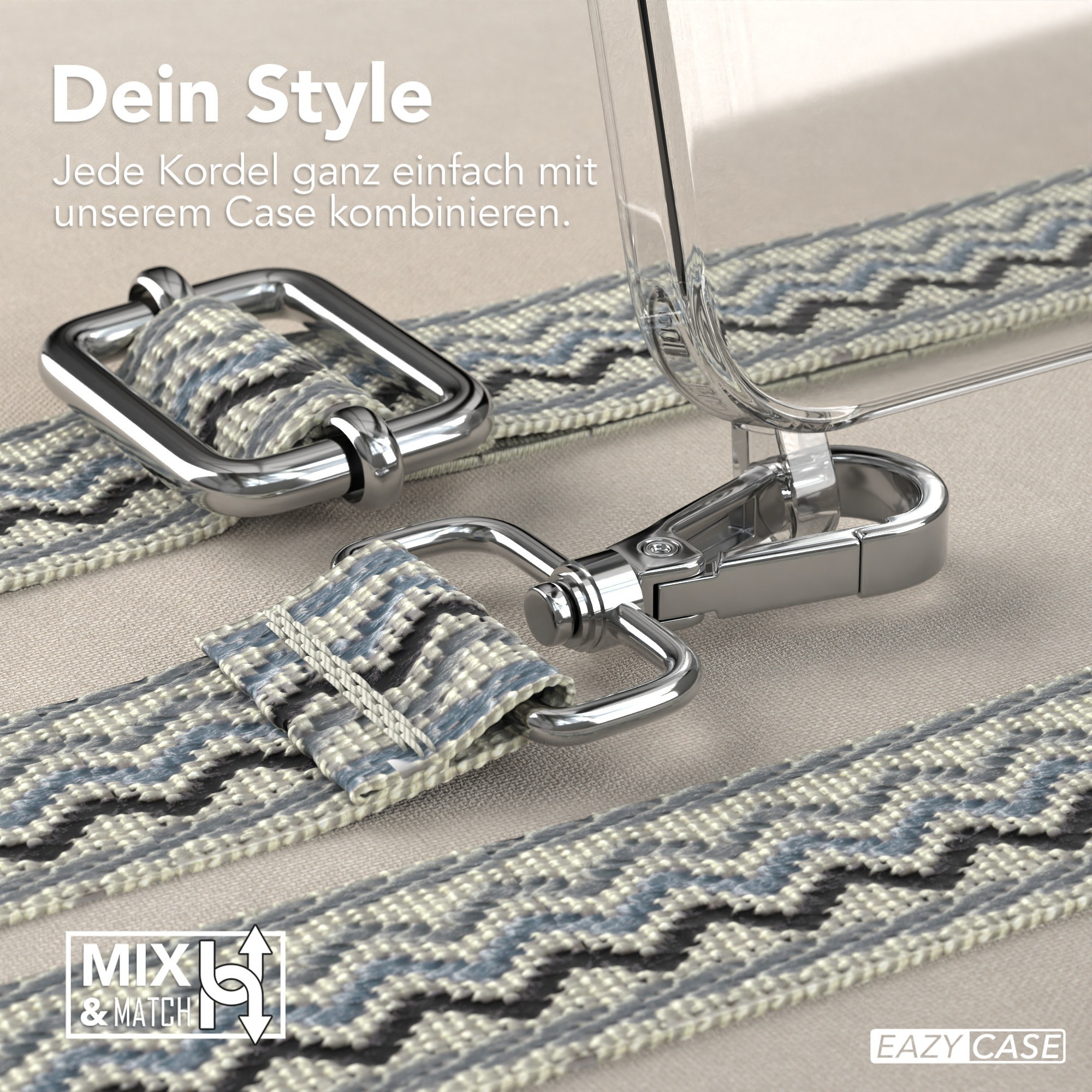 Nahaufnahme eines Handybandes mit gemustertem Stoff, Metallverschlüssen und einer Hülle.