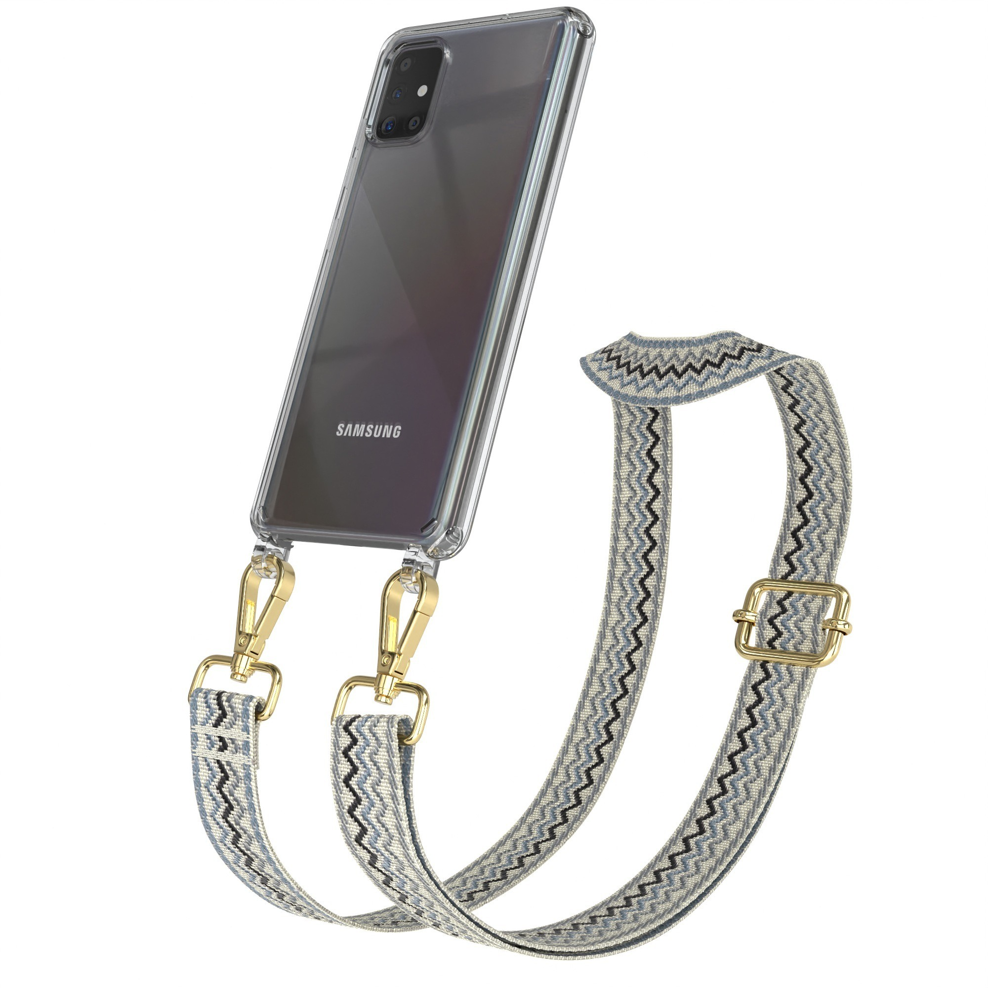 Transparente Handyhülle mit Telefon und einem Riemen mit Webmuster und goldenen Verschlüssen.