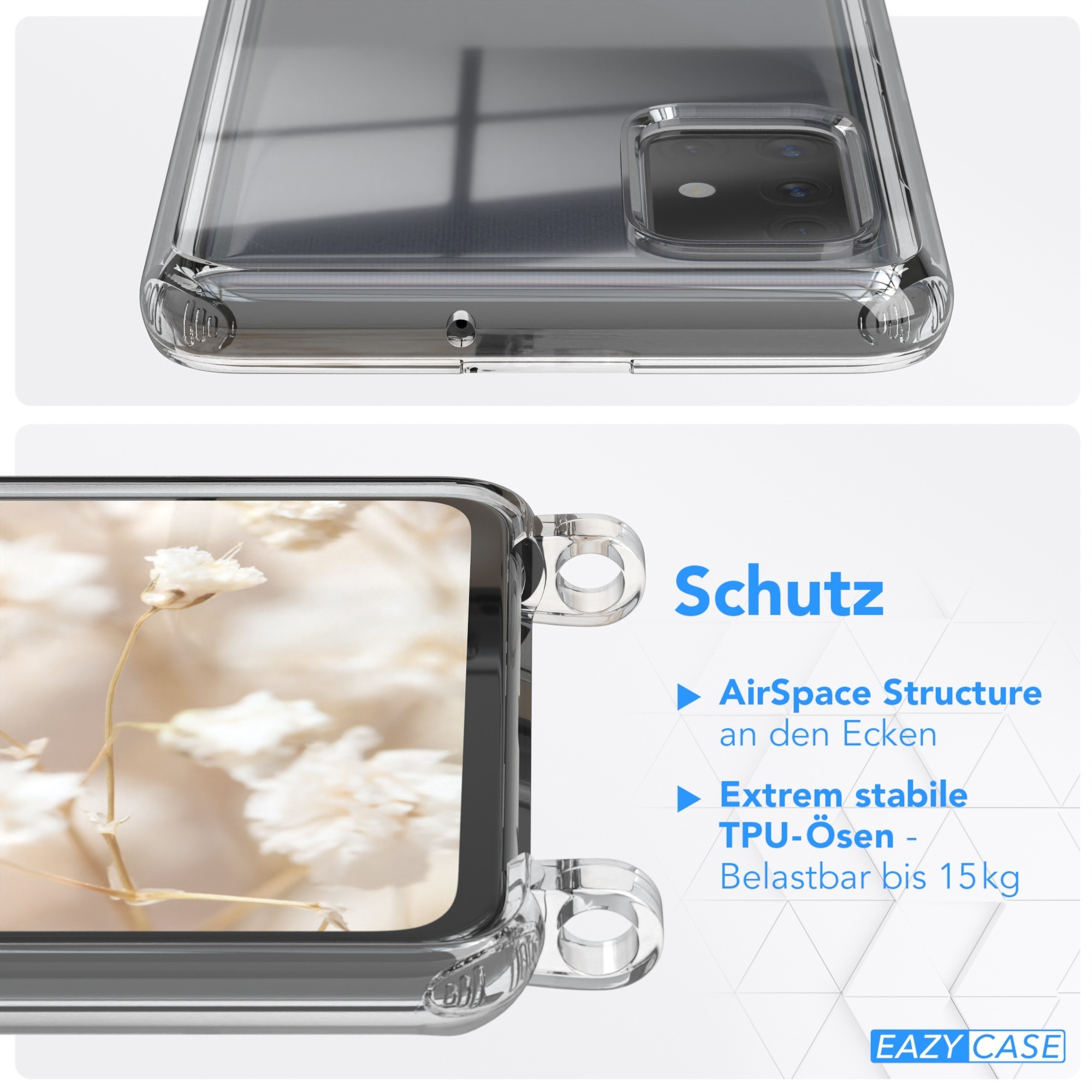Nahaufnahme einer transparenten Handyhülle, die das Telefon schützt. Die Hülle hat Funktionen auf Deutsch.