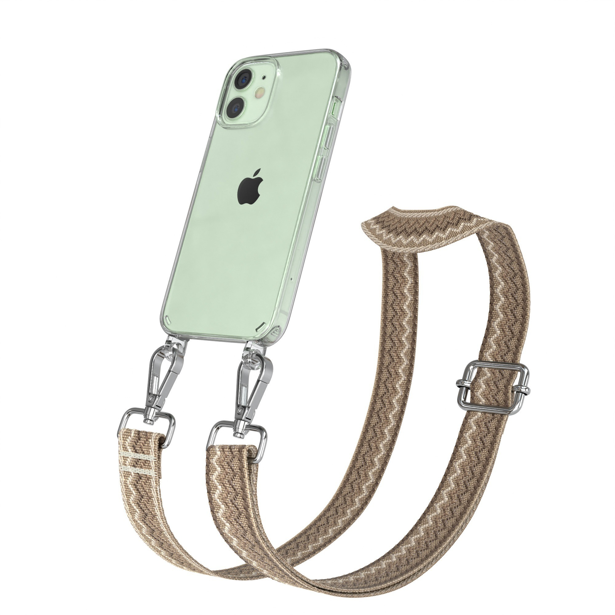 Klares iPhone mit beigem geometrischem Riemen. Silberne Verschlüsse und Schnalle. Weißer Hintergrund.