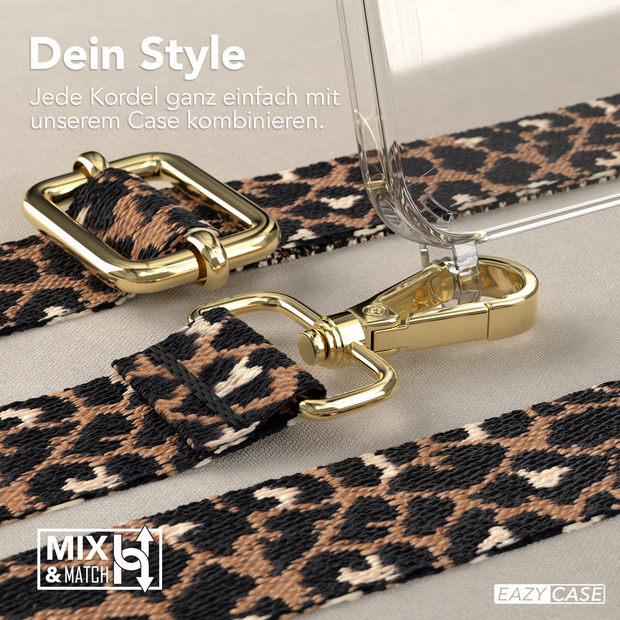 Handyhülle mit Leopardenmuster-Träger und silbernen Verschlüssen. Träger und Verschlüsse sind hervorgehoben.