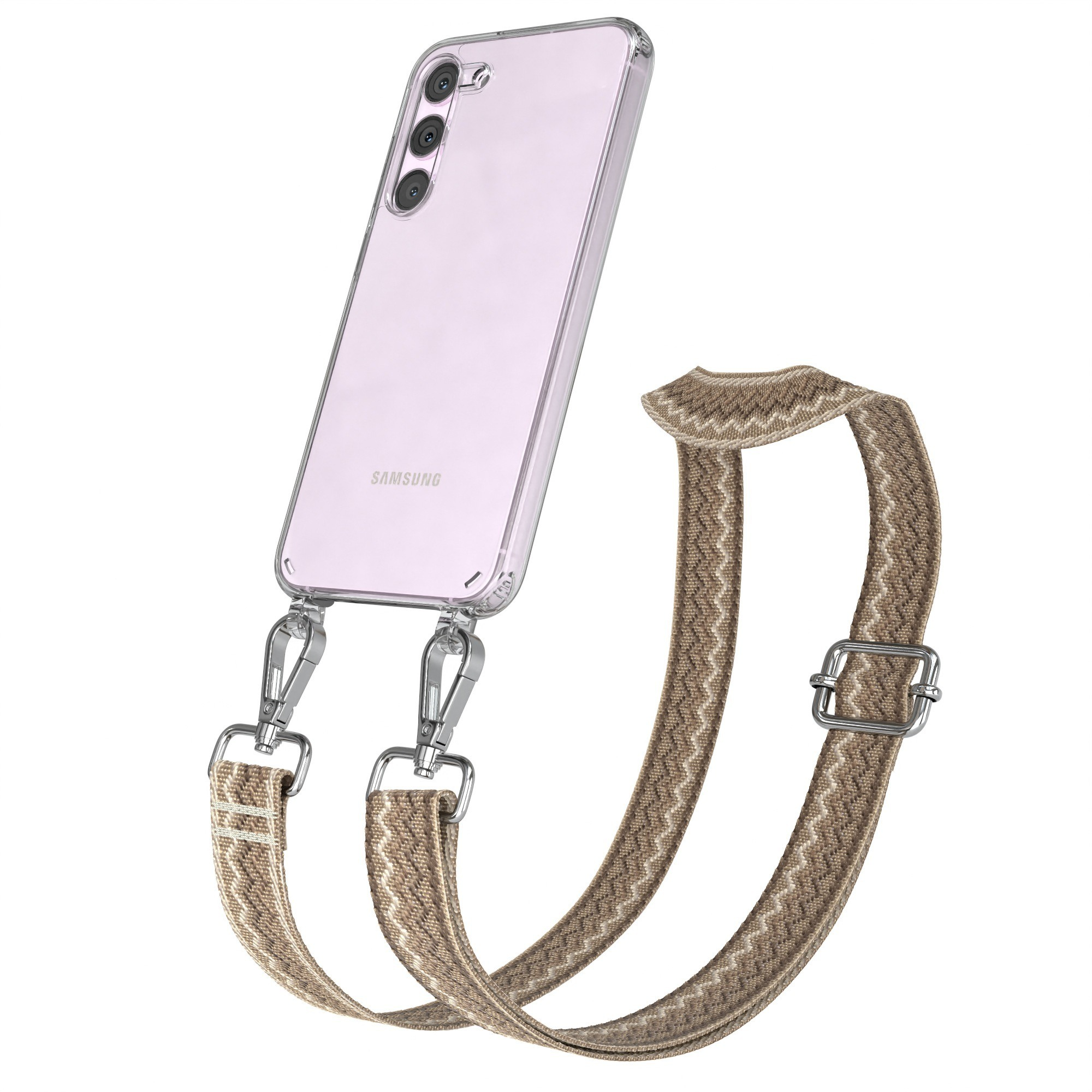 Ein Telefon in einer transparenten Hülle mit einem braun-weißen Gurt. Der Gurt hat ein Muster.