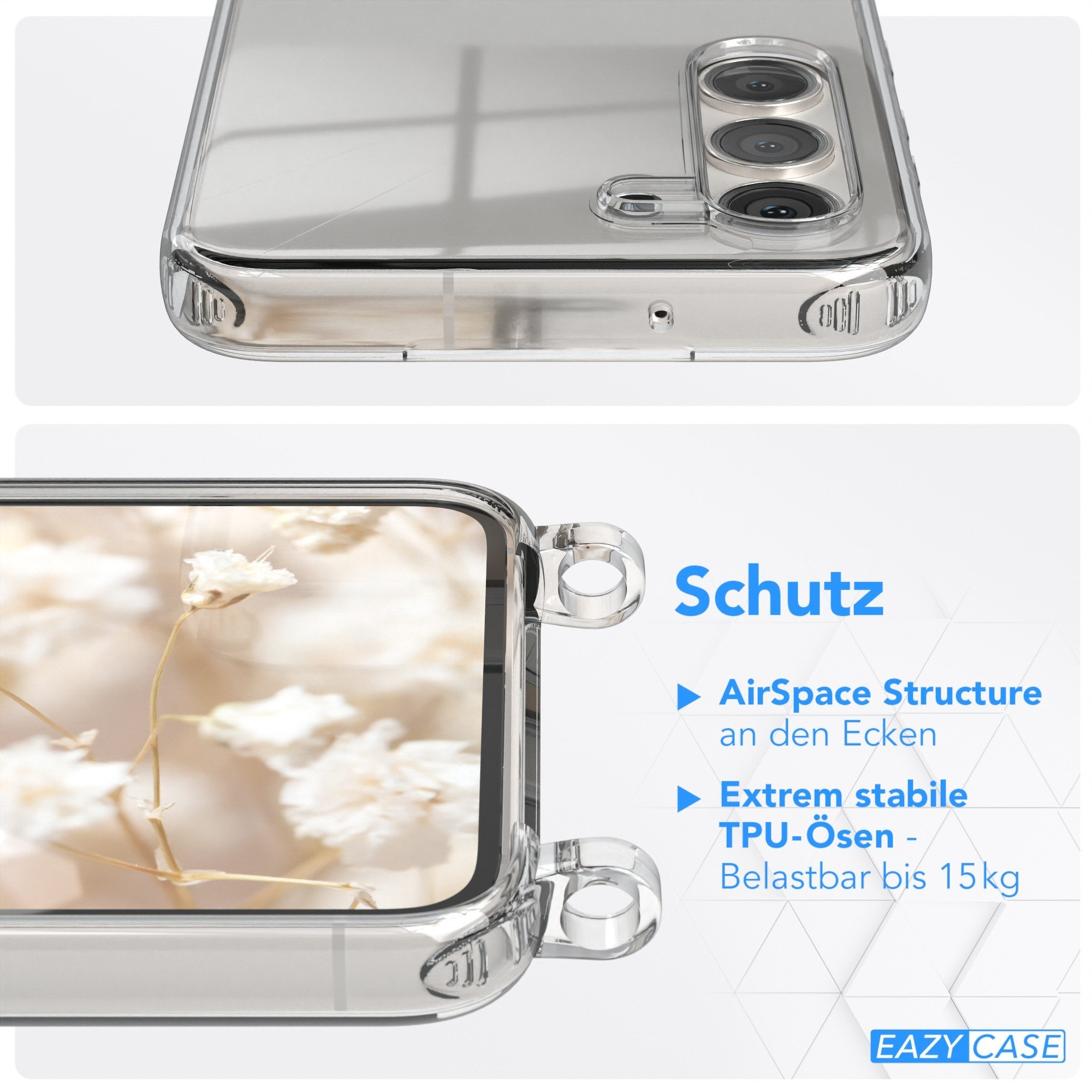 Eine transparente Handyhülle mit blumigem Hintergrund. Nahaufnahme der Hülle und ihrer Eigenschaften.