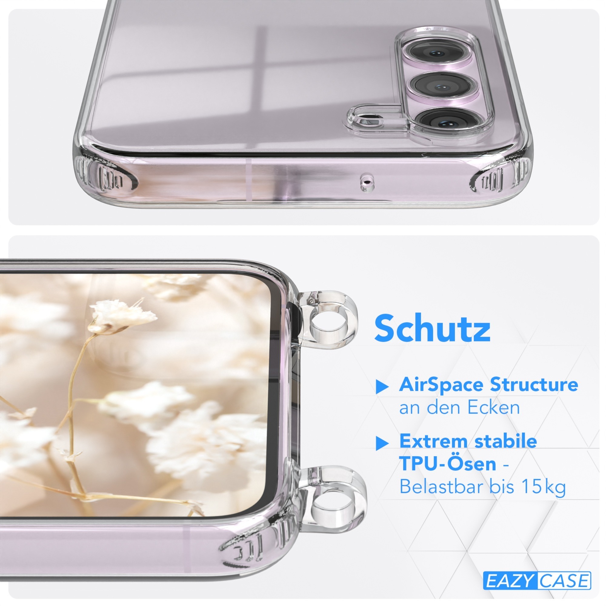 Nahaufnahme einer transparenten Handyhülle mit Schutzfunktionen.