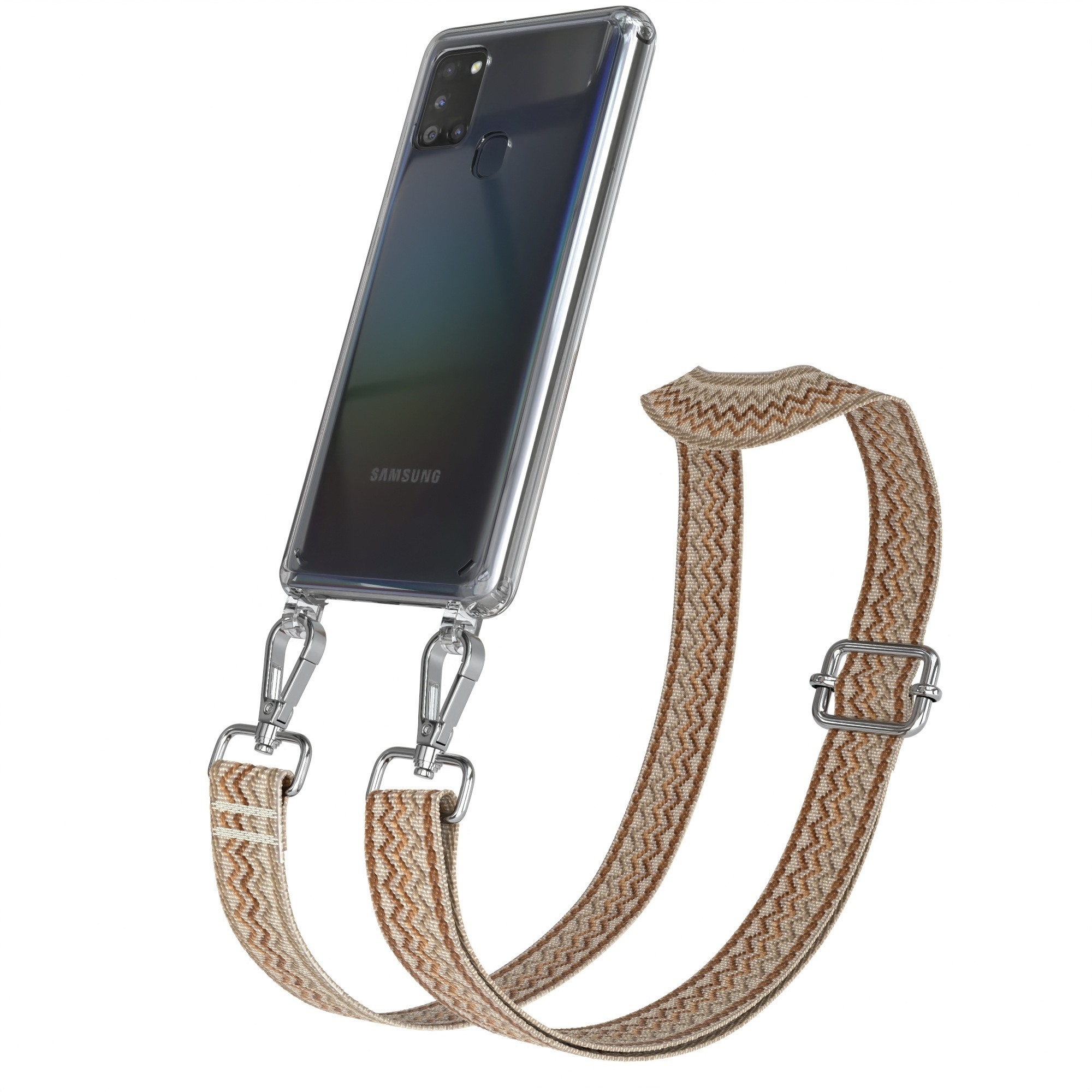 Schwarzes Telefon in klarer Hülle mit Riemen, abgewinkelt, silberne Haken, braun-beiger Riemen.