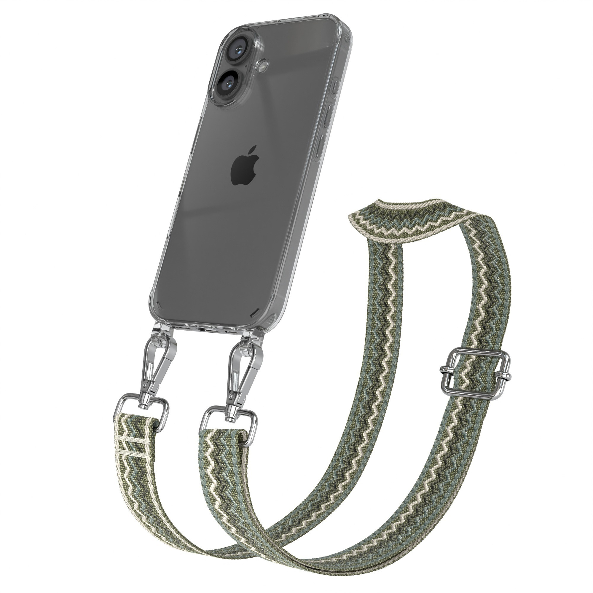Transparente Handyhülle mit grün-weiß gemustertem Riemen. Der Riemen ist mit einer Metallschnalle verstellbar. Ein Telefon ist sichtbar.