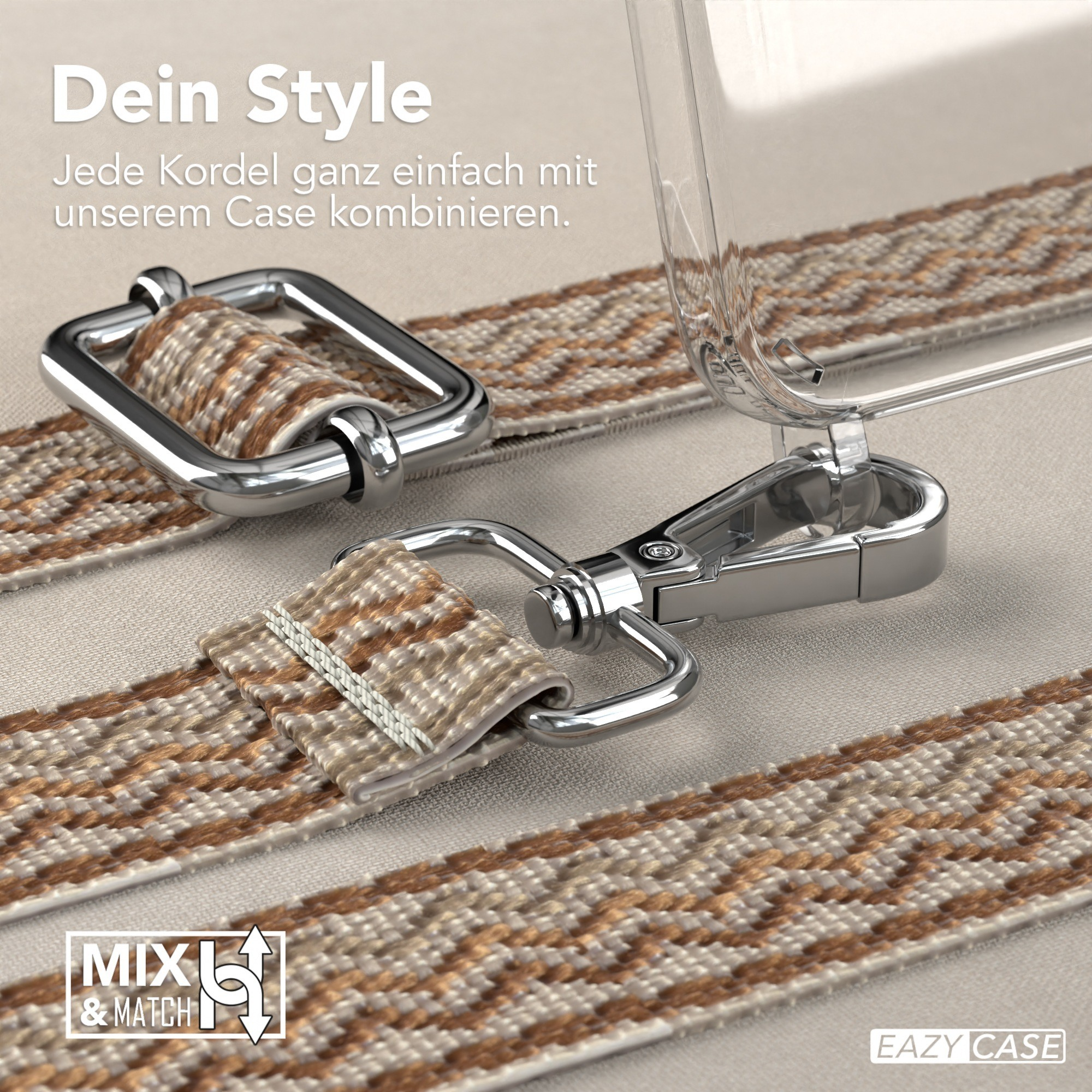 Handyhülle mit Riemen und silbernem Verschluss, Text auf neutralem Grund.