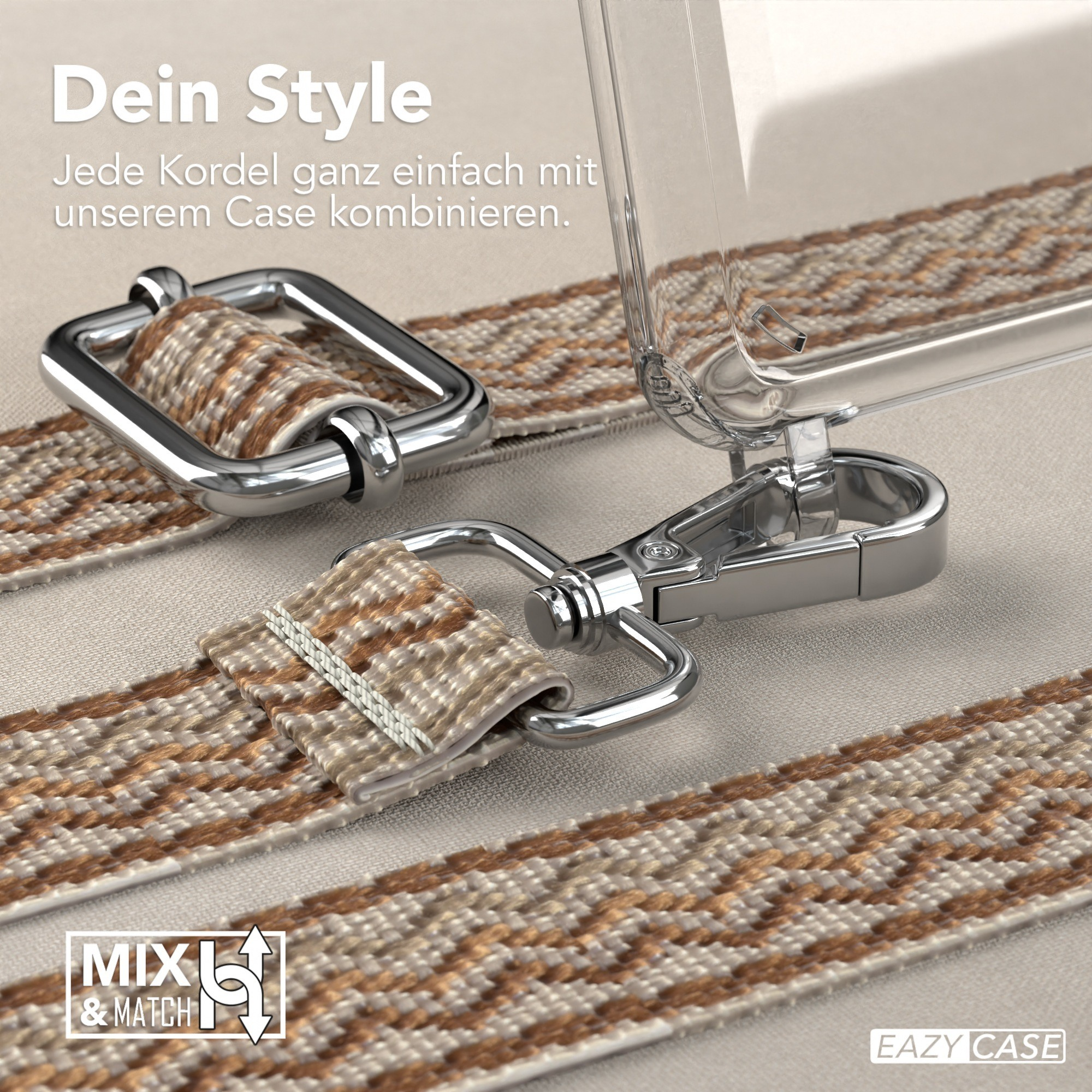 Nahaufnahme einer Handyhülle mit Riemen. Der Riemen ist hellbraun mit Muster.