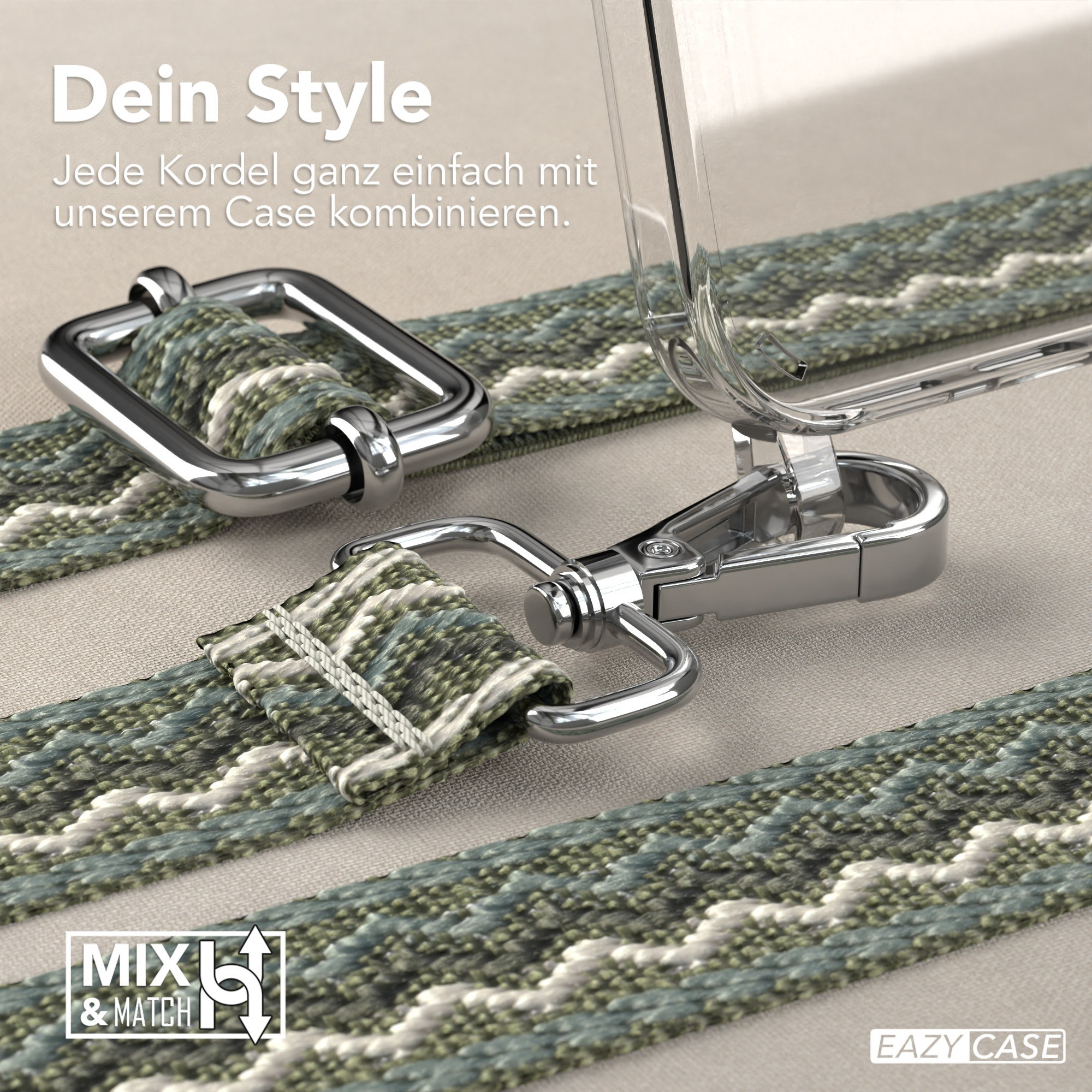 Nahaufnahme einer Handyhülle mit gemustertem Riemen und Metallverschluss.