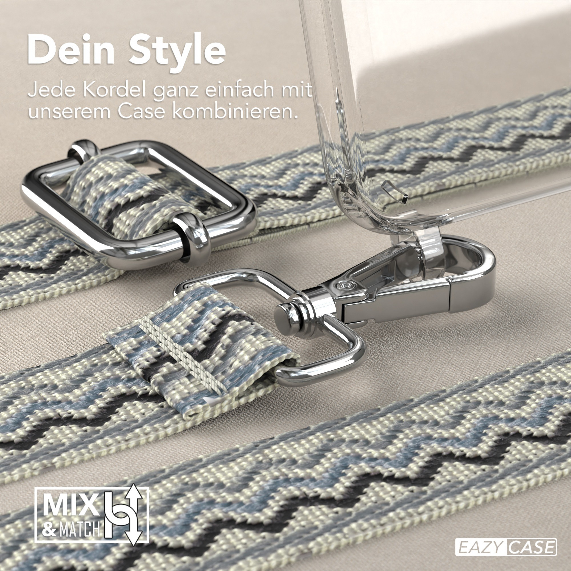Nahaufnahme von Handyhüllenriemen, silberner Schließe und Handyhülle.